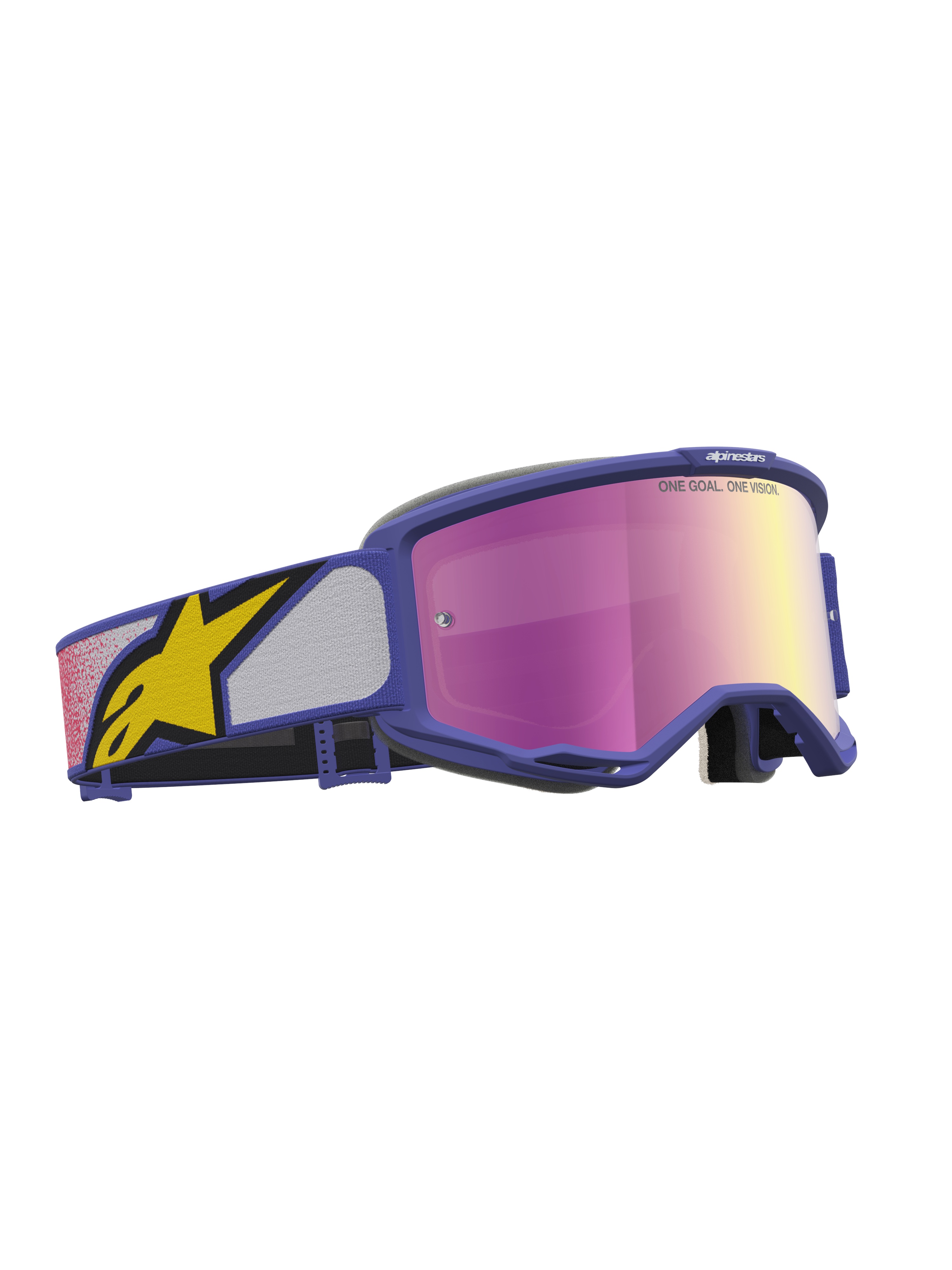 Alpinestars Vision 5 Drag, gogle motocrossowe, fioletowe, różowe lustrzane soczewki, wentylacja RAM-AIR, pasek z żółtym logo