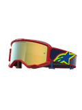 Alpinestars Vision 5 Drag, gogle motocrossowe, czerwona oprawka, złota lustrzana soczewka i niebieski pasek z logo.
