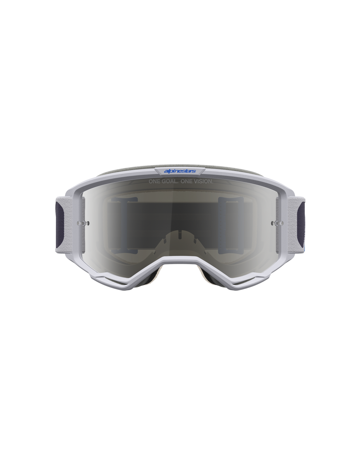 Gogle Vision 5 Drag, jasnoliliowe i niebieskie gogle motocrossowe Alpinestars, srebrna lustrzana soczewka, wentylacja RAM-AIR