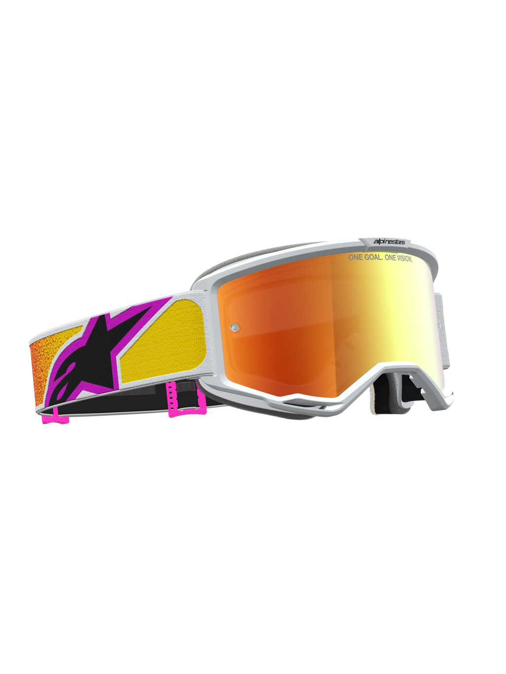 Alpinestars Gogle Vision 5 Drag, gogle motocrossowe wyścigowe, biała oprawka, pomarańczowo-czerwona lustrzana soczewka, elastyczna konstrukcja A-FLEX, kolorowy wzorzysty pasek z logo