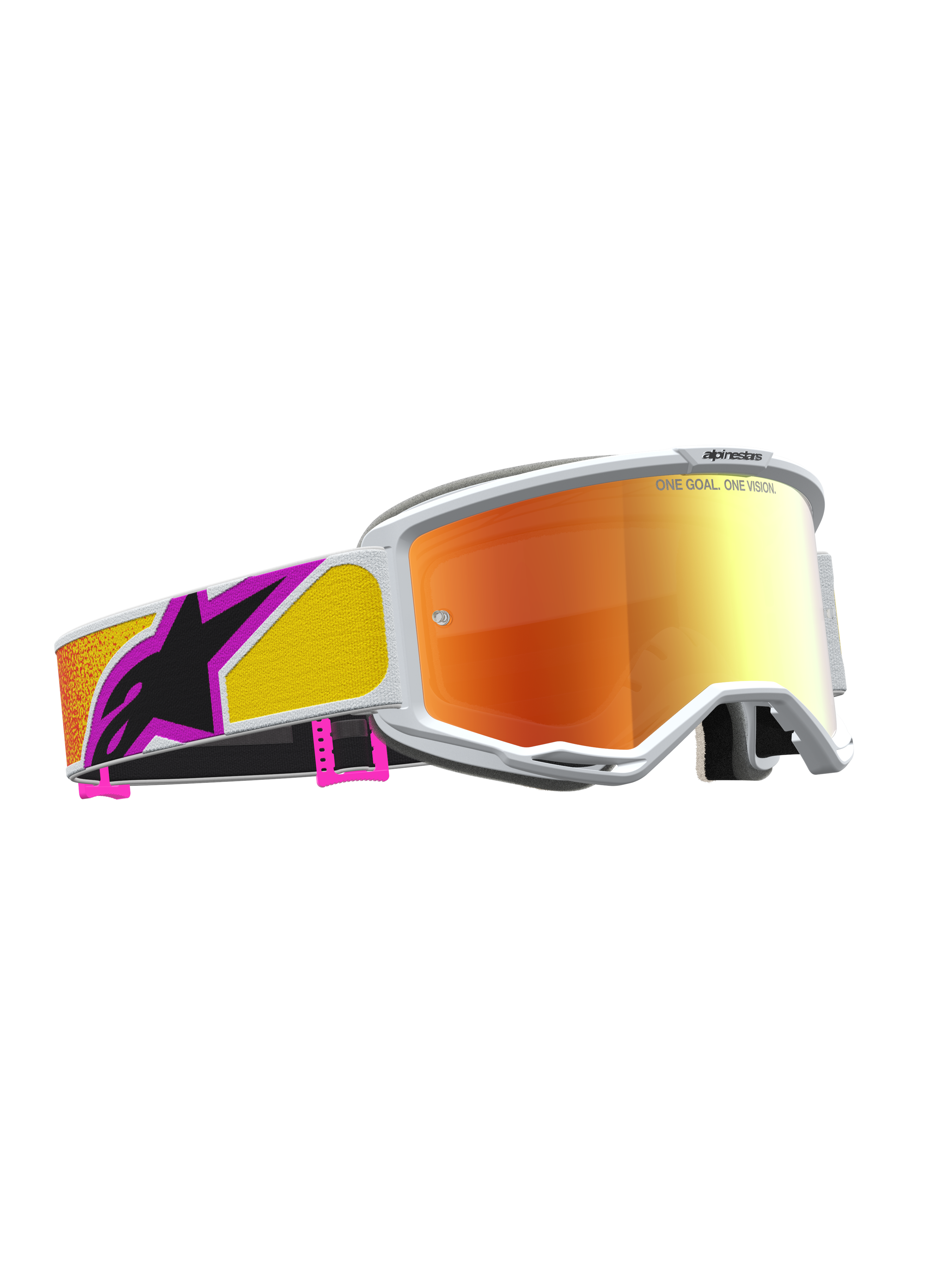 Alpinestars Gogle Vision 5 Drag, gogle motocrossowe wyścigowe, biała oprawka, pomarańczowo-czerwona lustrzana soczewka, elastyczna konstrukcja A-FLEX, kolorowy wzorzysty pasek z logo