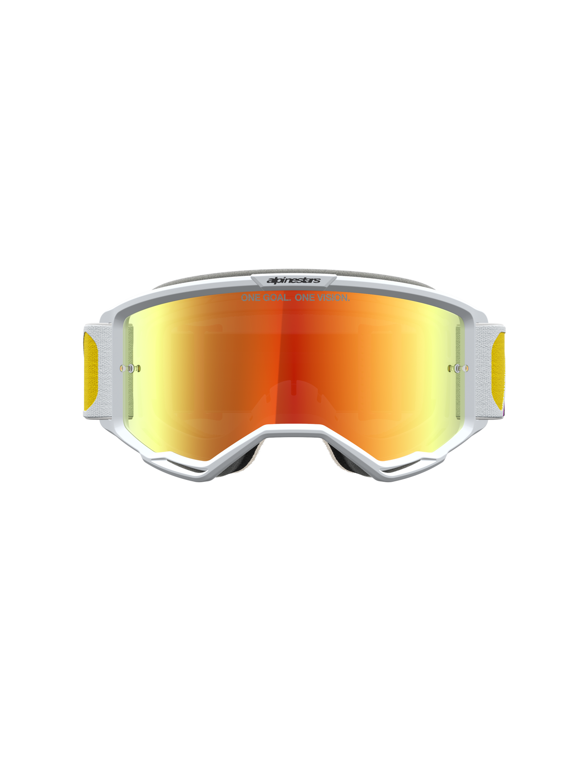 Gogle Alpinestars Vision 5 Drag, białe gogle motocrossowe z pomarańczowo-czerwoną lustrzaną soczewką i wentylacją RAM-AIR.