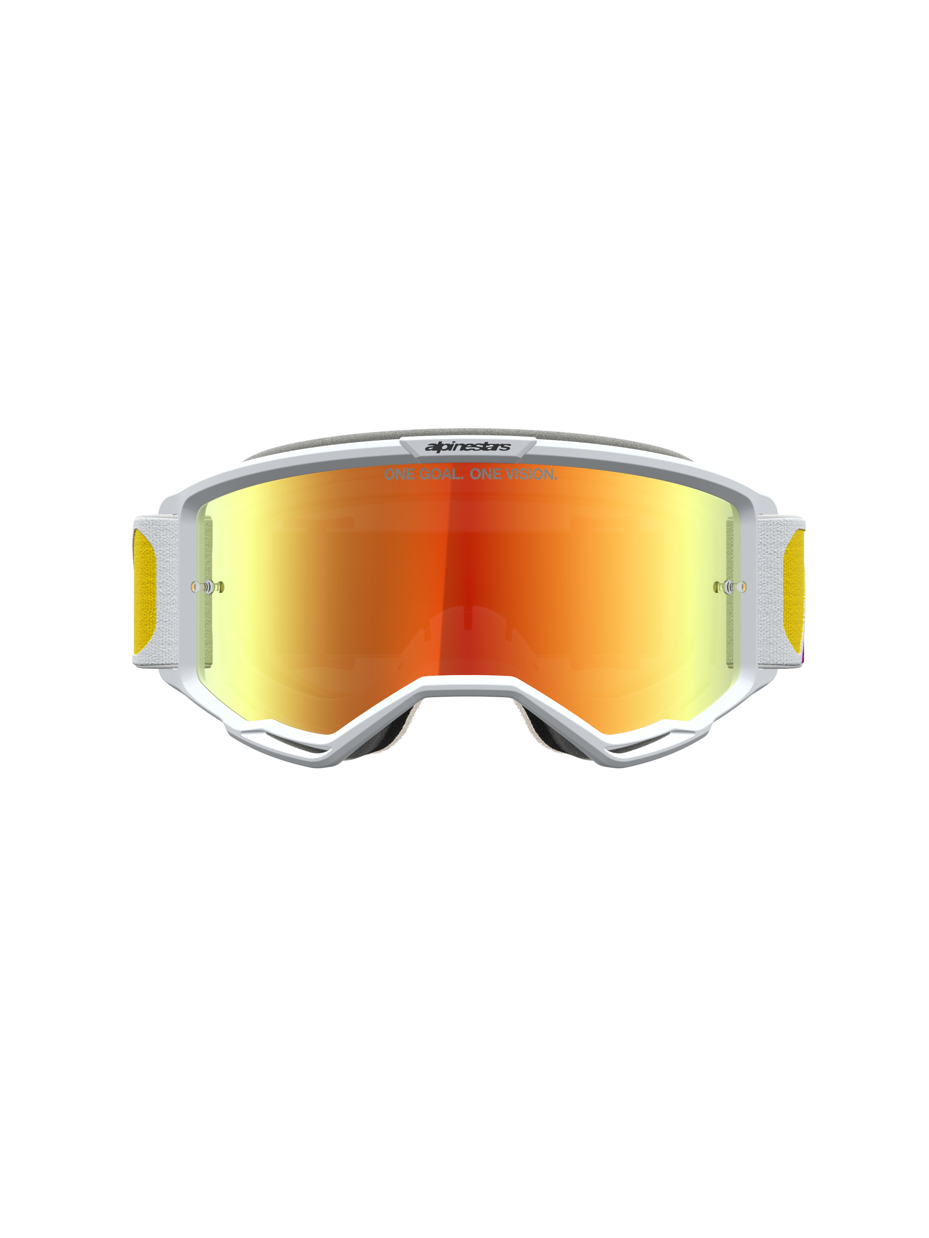 Gogle Alpinestars Vision 5 Drag, białe gogle motocrossowe z pomarańczowo-czerwoną lustrzaną soczewką i wentylacją RAM-AIR.