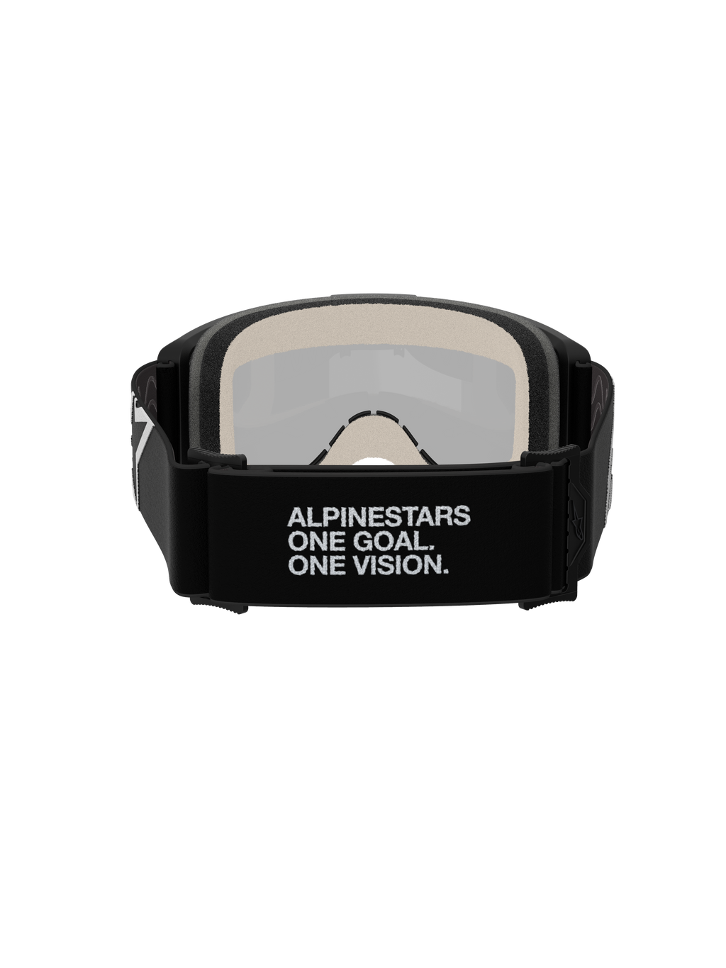 Gogle Alpinestars Vision 5 Corp, gogle motocrossowe, widok z tyłu, czarny tkany pasek z białym hasłem „ALPINESTARS ONE GOAL. ONE VISION.”, wielowarstwowa pianka o grubości 17 mm, srebrna lustrzana soczewka widoczna od wewnątrz, konstrukcja zapewniająca pewne dopasowanie