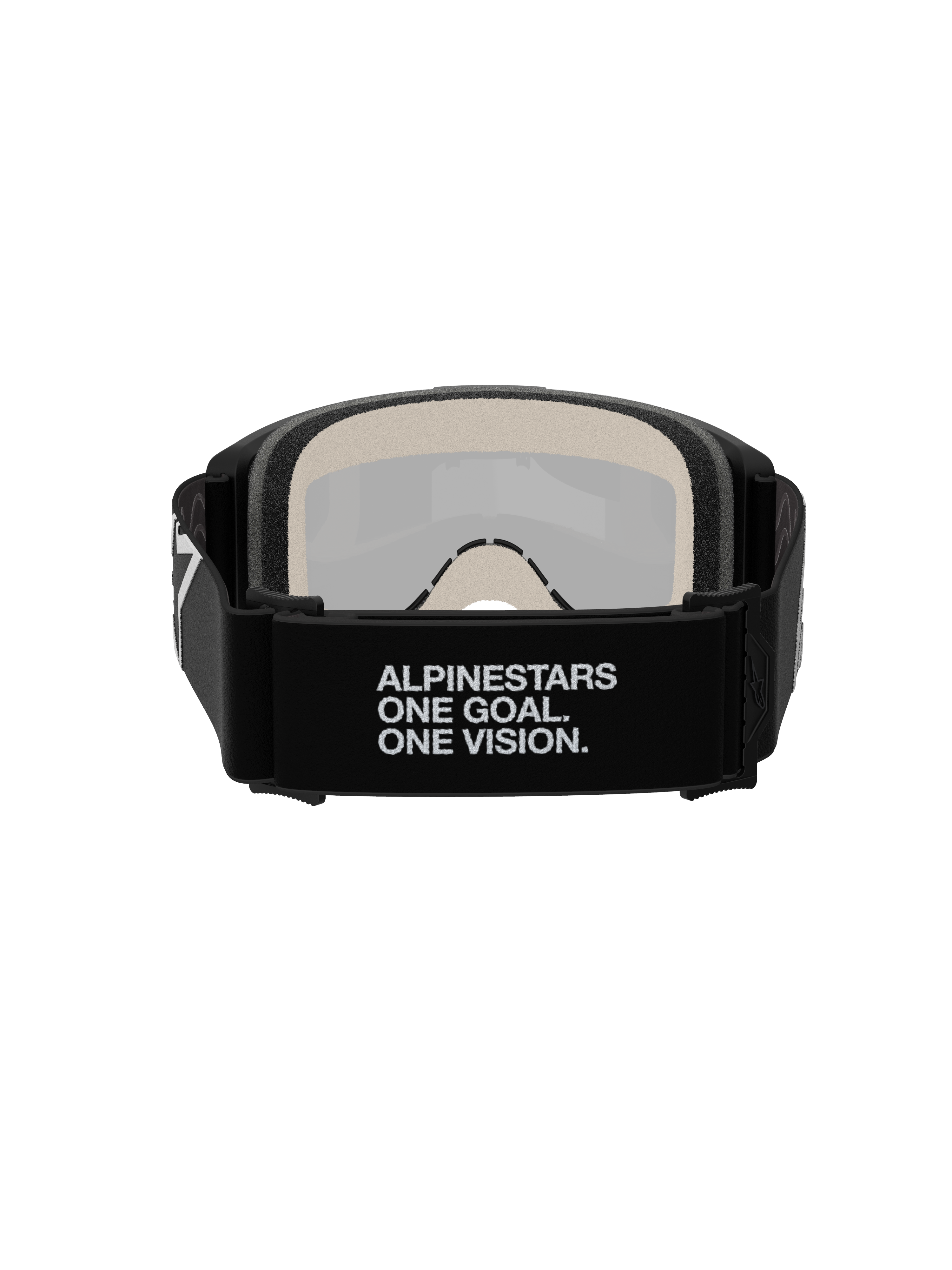 Gogle Alpinestars Vision 5 Corp, gogle motocrossowe, widok z tyłu, czarny tkany pasek z białym hasłem „ALPINESTARS ONE GOAL. ONE VISION.”, wielowarstwowa pianka o grubości 17 mm, srebrna lustrzana soczewka widoczna od wewnątrz, konstrukcja zapewniająca pewne dopasowanie
