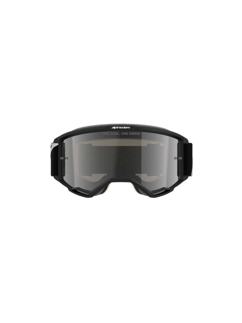 Alpinestars Vision 5 Corp Goggles, gogle motocrossowe, czarne ze srebrną lustrzaną soczewką, widok z przodu pokazujący napis „ONE GOAL. ONE VISION.” i logo Alpinestars, nowoczesny design do jazdy off-road i wyścigów motocrossowych