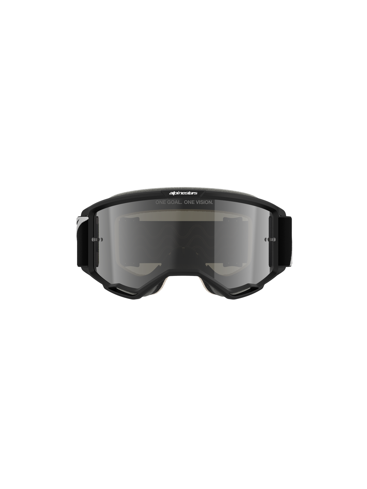 Alpinestars Vision 5 Corp Goggles, gogle motocrossowe, czarne ze srebrną lustrzaną soczewką, widok z przodu pokazujący napis „ONE GOAL. ONE VISION.” i logo Alpinestars, nowoczesny design do jazdy off-road i wyścigów motocrossowych