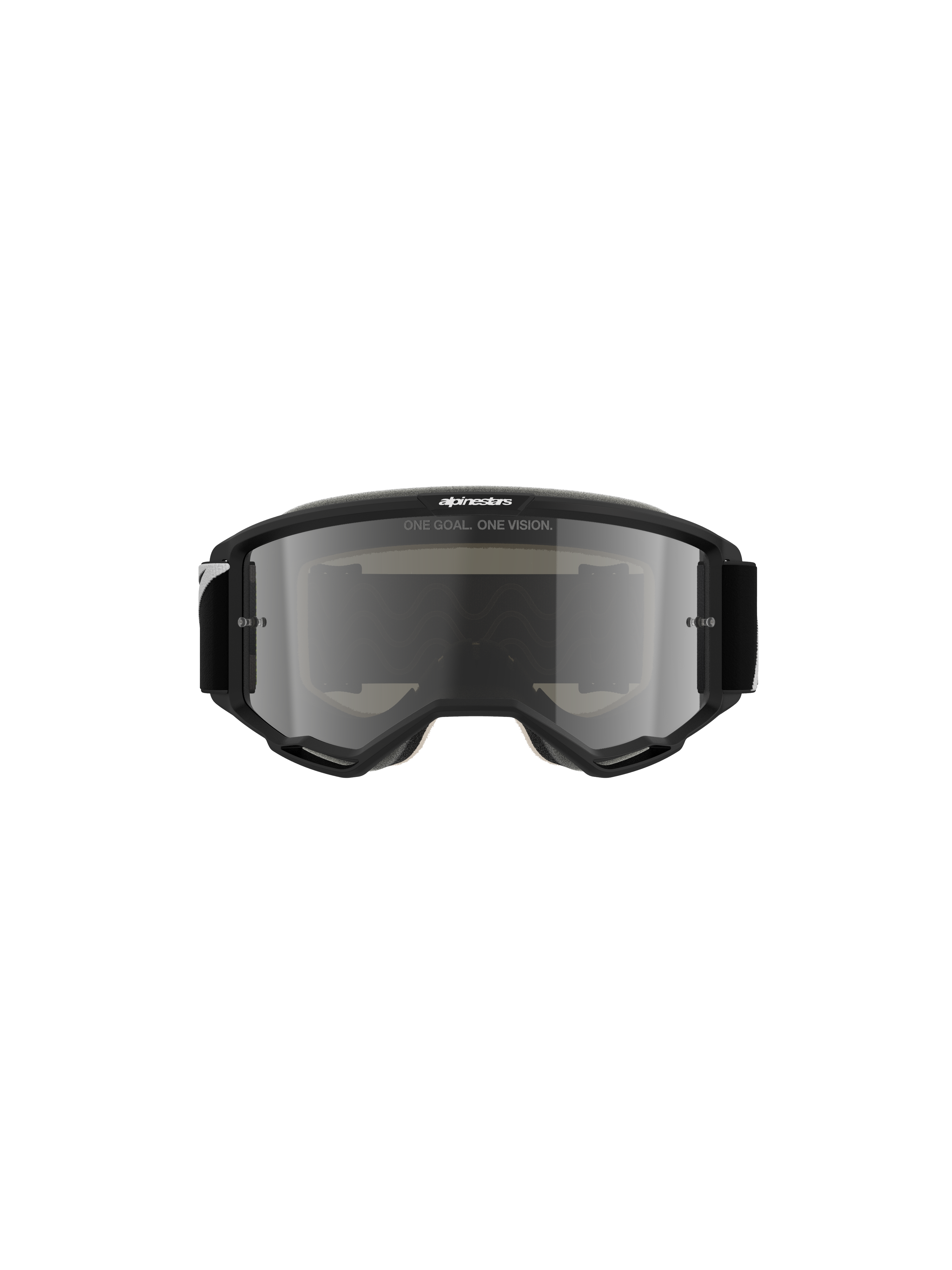 Alpinestars Vision 5 Corp Goggles, gogle motocrossowe, czarne ze srebrną lustrzaną soczewką, widok z przodu pokazujący napis „ONE GOAL. ONE VISION.” i logo Alpinestars, nowoczesny design do jazdy off-road i wyścigów motocrossowych