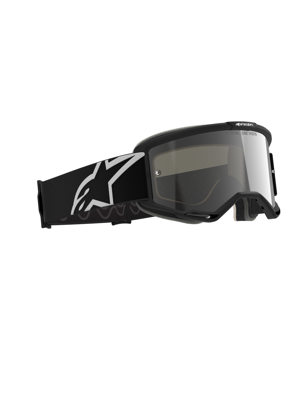 Alpinestars Vision 5 Corp Goggles, gogle motocrossowe, Black Mirror Silver, czarna oprawka ze srebrną lustrzaną soczewką, szeroki czarny pasek z dużym białym logo Alpinestars, zaprojektowane do jazdy terenowej