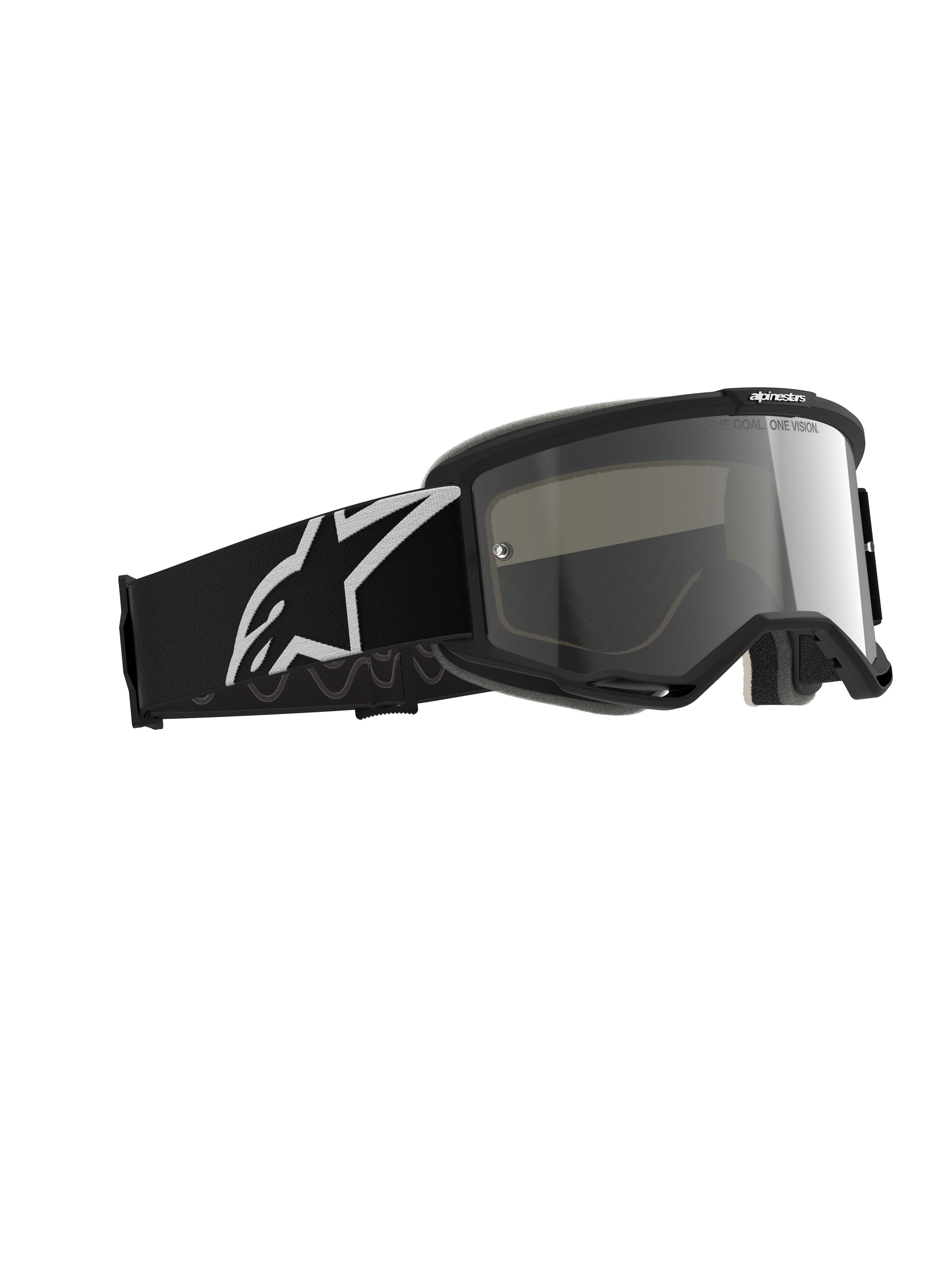Alpinestars Vision 5 Corp Goggles, gogle motocrossowe, Black Mirror Silver, czarna oprawka ze srebrną lustrzaną soczewką, szeroki czarny pasek z dużym białym logo Alpinestars, zaprojektowane do jazdy terenowej