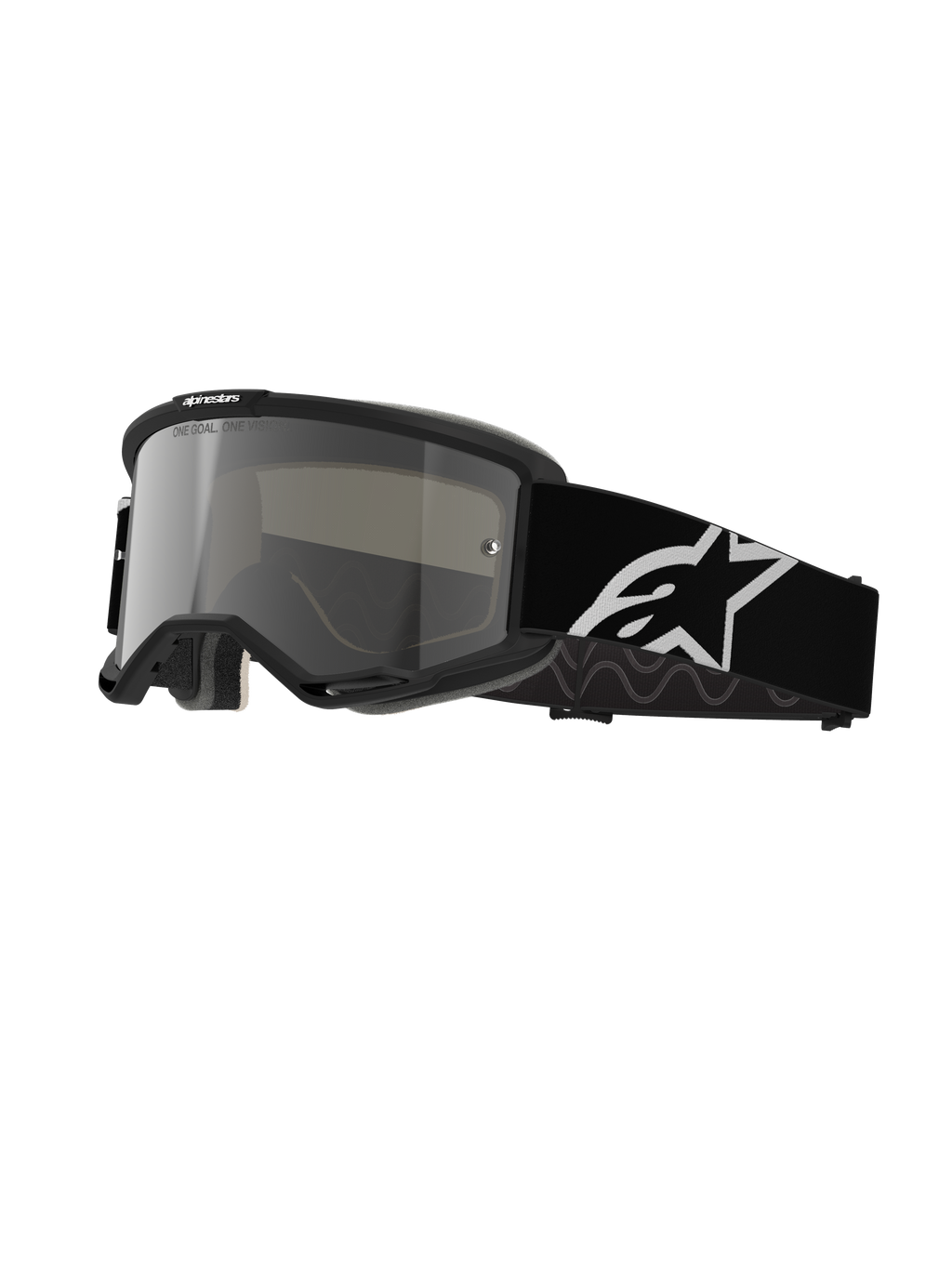 Gogle Alpinestars Vision 5 Corp, gogle motocrossowe, czarna oprawka ze srebrną lustrzaną szybką, szeroki czarny regulowany pasek z dużym białym logo gwiazdy Alpinestars, wyściełana pianka ochronna, branding One Goal One Vision