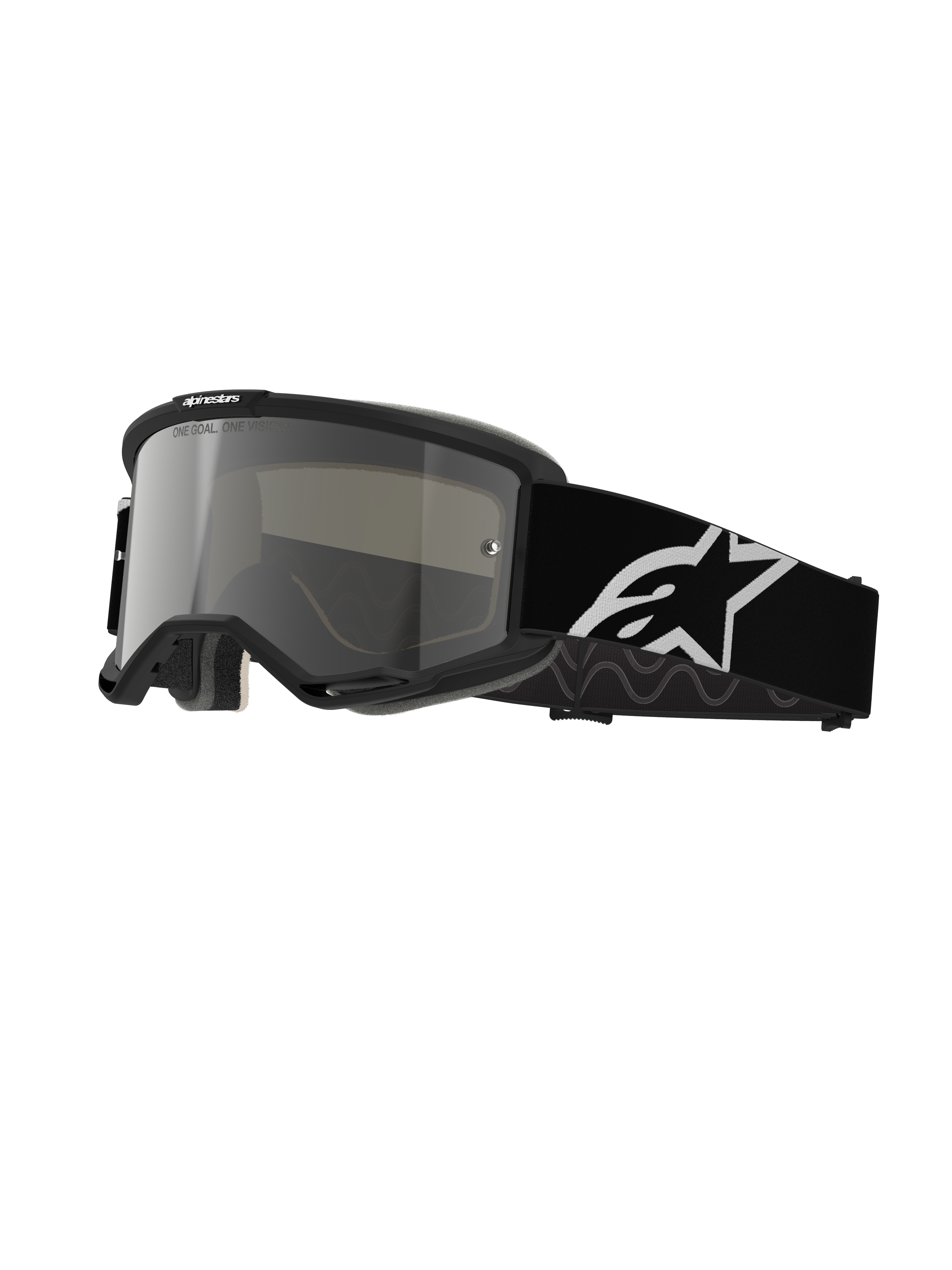 Gogle Alpinestars Vision 5 Corp, gogle motocrossowe, czarna oprawka ze srebrną lustrzaną szybką, szeroki czarny regulowany pasek z dużym białym logo gwiazdy Alpinestars, wyściełana pianka ochronna, branding One Goal One Vision