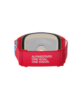 Alpinestars Vision 5 Corp Goggles, Motocross Goggles, Red and White, rear view showing wide strap with 'Alpinestars One Goal. One Vision.' slogan, thick face foam, and red frame