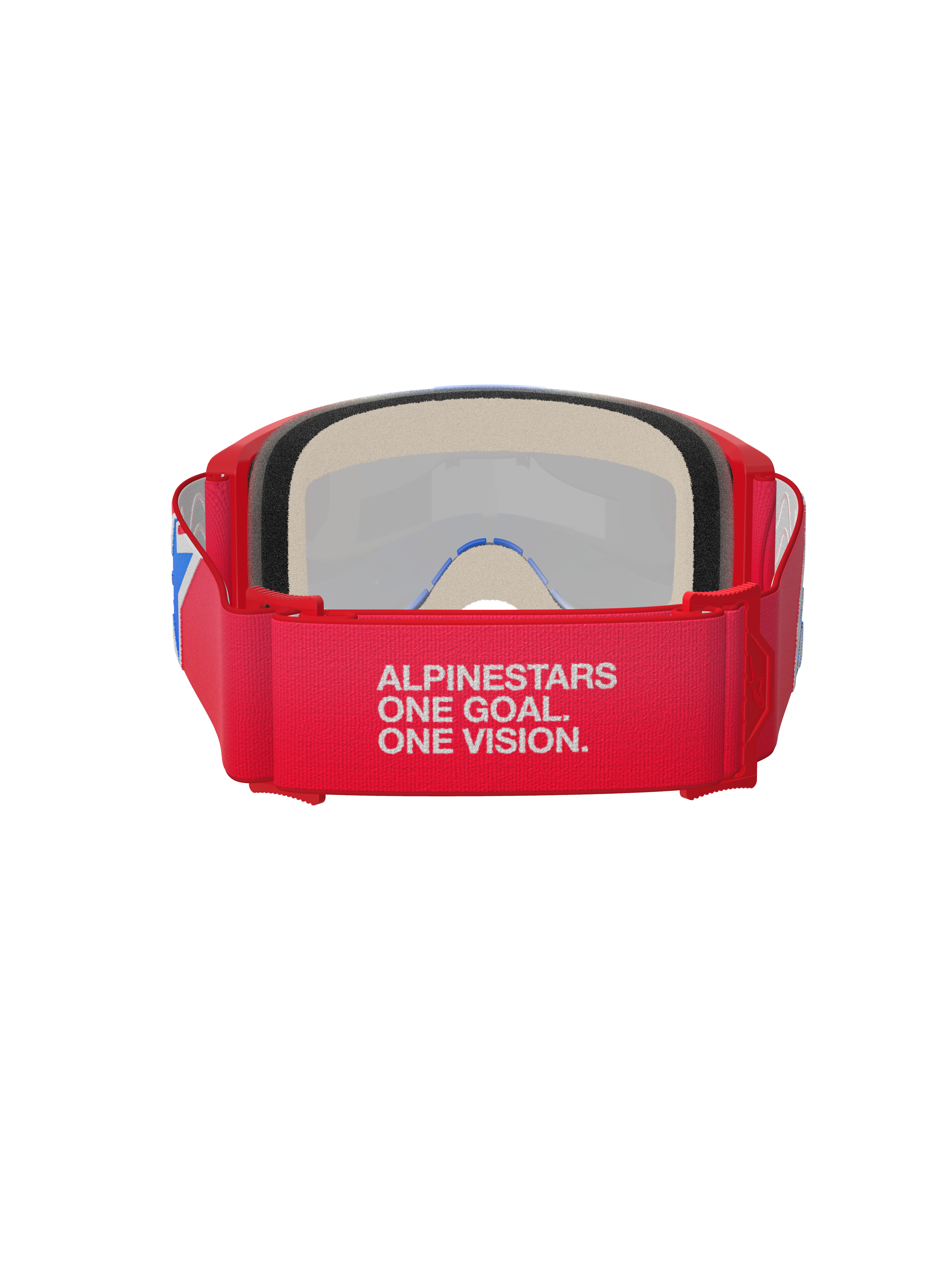 Alpinestars Vision 5 Corp Goggles, gogle motocrossowe, czerwono-białe, widok z tyłu pokazujący szeroki pasek z hasłem „Alpinestars One Goal. One Vision.”, grubą piankę na twarz i czerwoną ramkę
