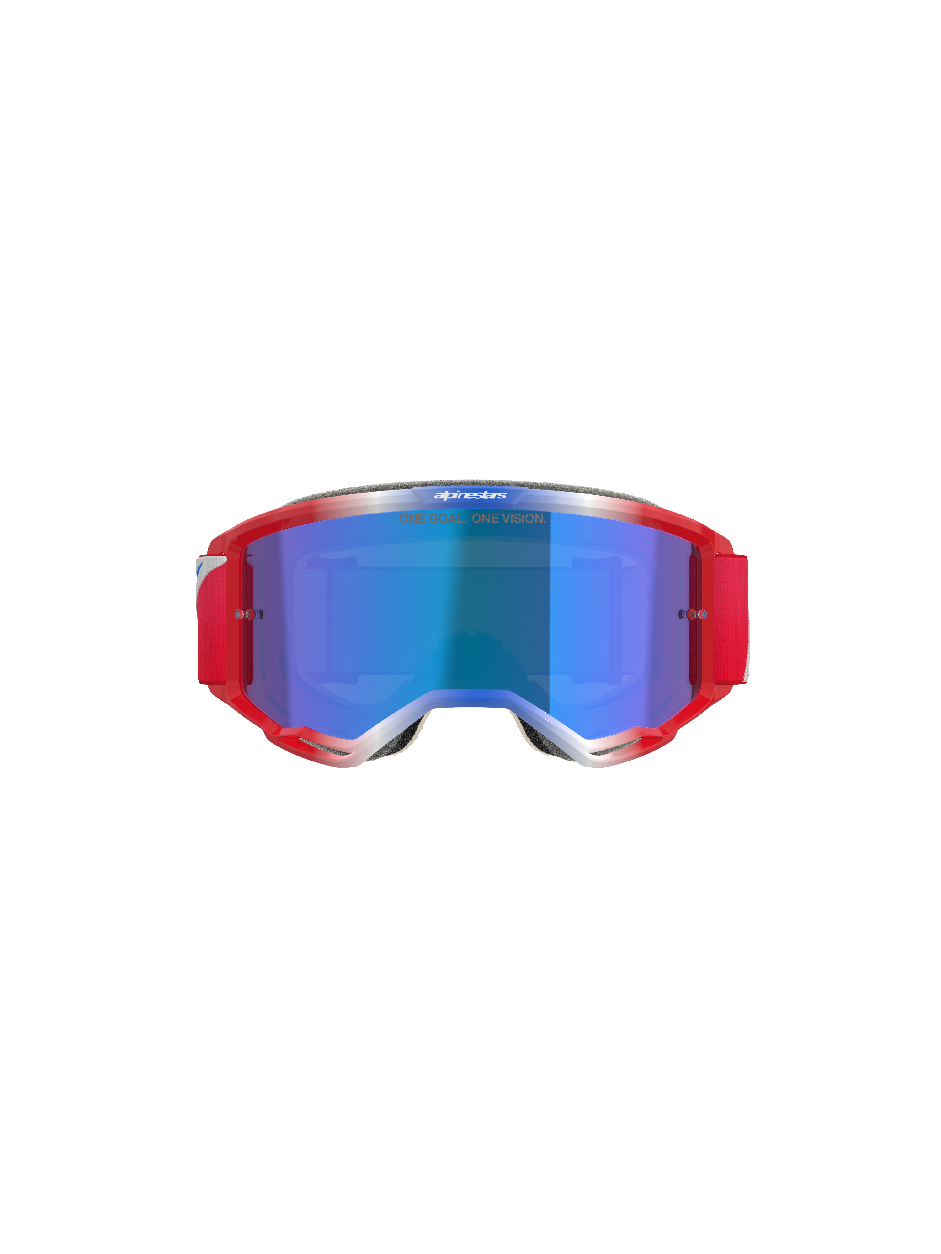 Gogle Alpinestars Vision 5 Corp, gogle motocrossowe, czerwono-biała oprawka z niebieską lustrzaną soczewką, czerwony pasek i napis „ONE GOAL... ONE VISION” na soczewce, widok z przodu