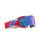 Alpinestars Vision 5 Corp Goggles, Motocross Goggles, Red White and Blue with Blue Mirror Lens, red frame with sleek ventilation, wide red strap with bold blue and white logo, professional eyewear for off-road and motocross racing