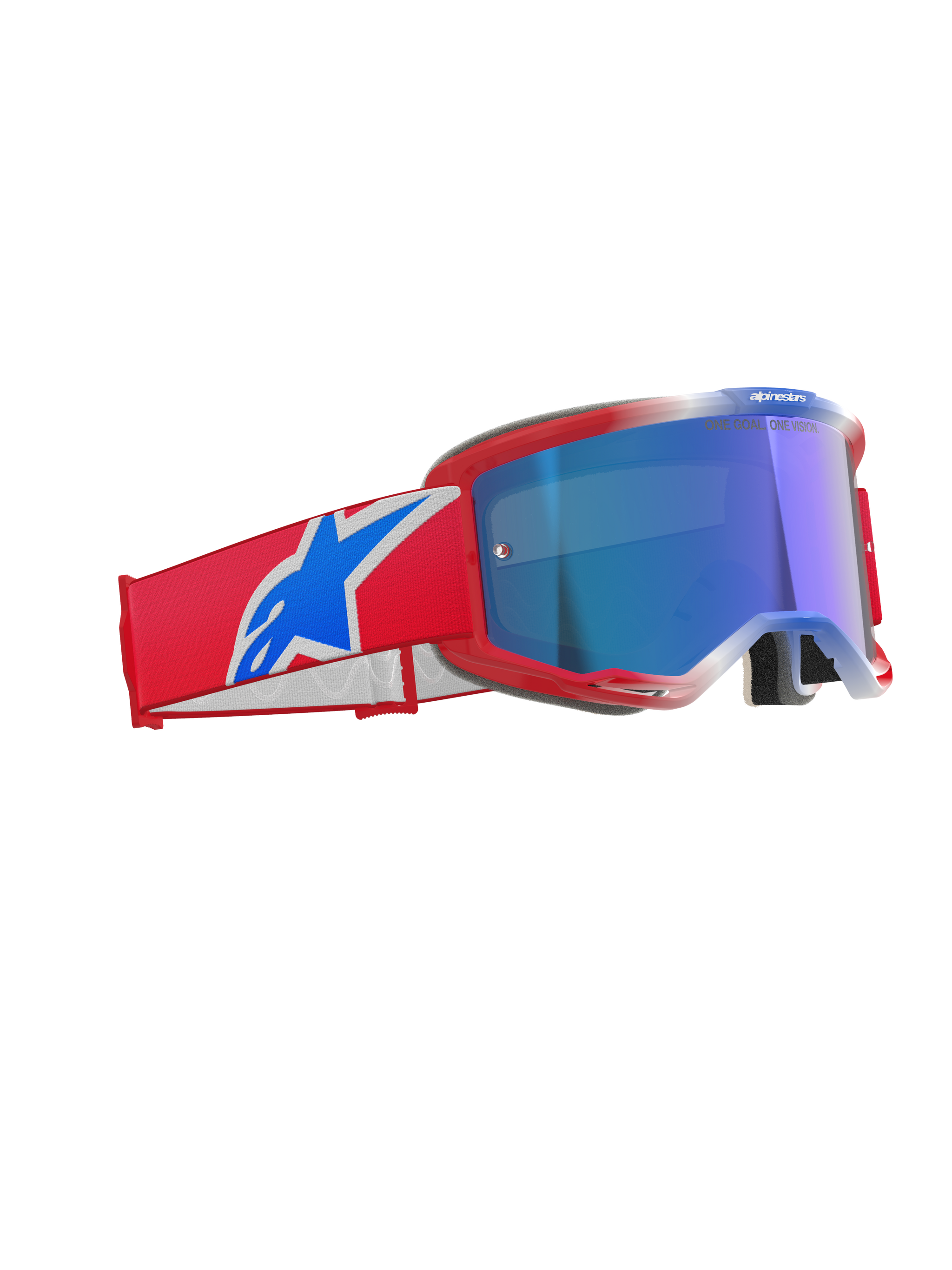 Alpinestars Vision 5 Corp Goggles, Motocross Goggles, Red White and Blue with Blue Mirror Lens, red frame with sleek ventilation, wide red strap with bold blue and white logo, professional eyewear for off-road and motocross racing