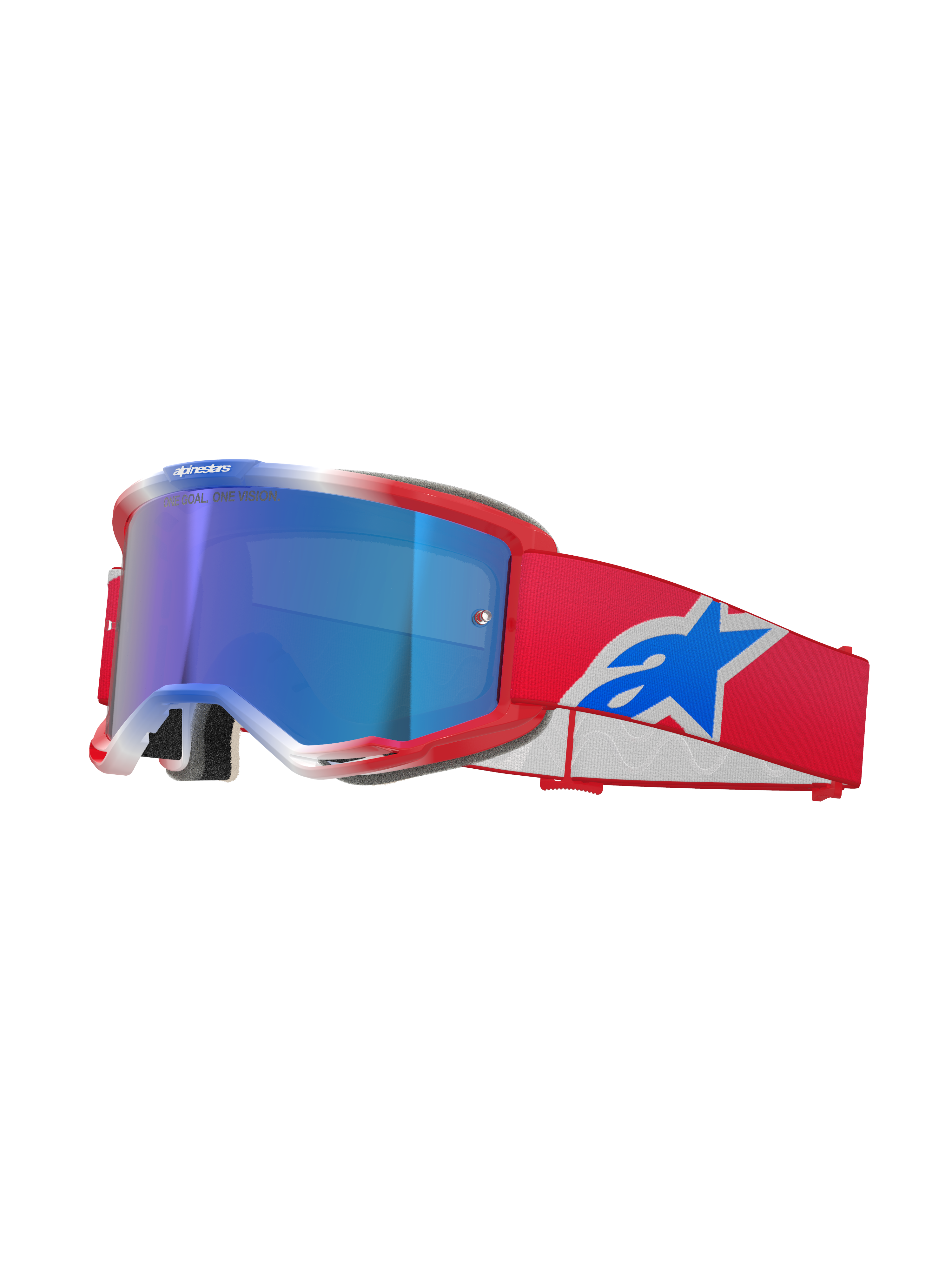 Alpinestars Vision 5 Corp Goggles, gogle motocrossowe, czerwono-biało-niebieskie, niebieska lustrzana soczewka, czerwony pasek z niebieskim logo Alpinestars, elastyczna czerwona ramka z białymi akcentami, ochronne gogle do jazdy off-road