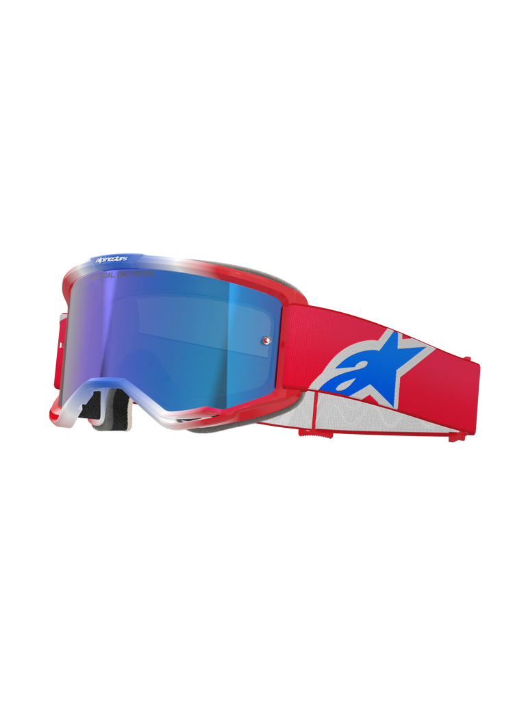 Alpinestars Vision 5 Corp Goggles, gogle motocrossowe, czerwono-biało-niebieskie, niebieska lustrzana soczewka, czerwony pasek z niebieskim logo Alpinestars, elastyczna czerwona ramka z białymi akcentami, ochronne gogle do jazdy off-road