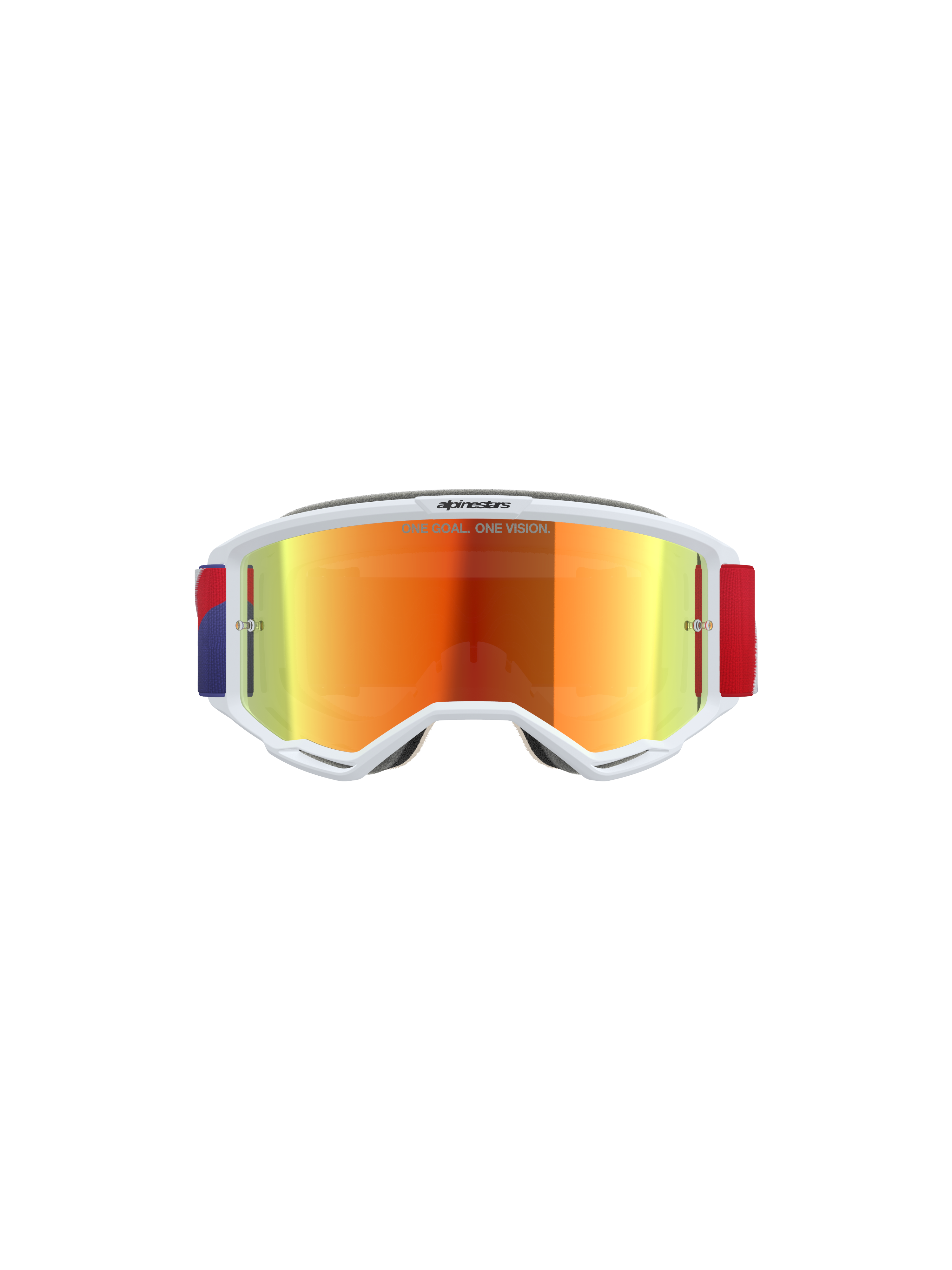 Alpinestars Vision 5 Corp Goggles, Motocross Goggles, White frame with Purple Mirror Red tinted lens, adjustable Red and Purple strap, featuring 'ONE GOAL. ONE VISION.' text on the lens, high-performance protective eyewear for off-road racing.