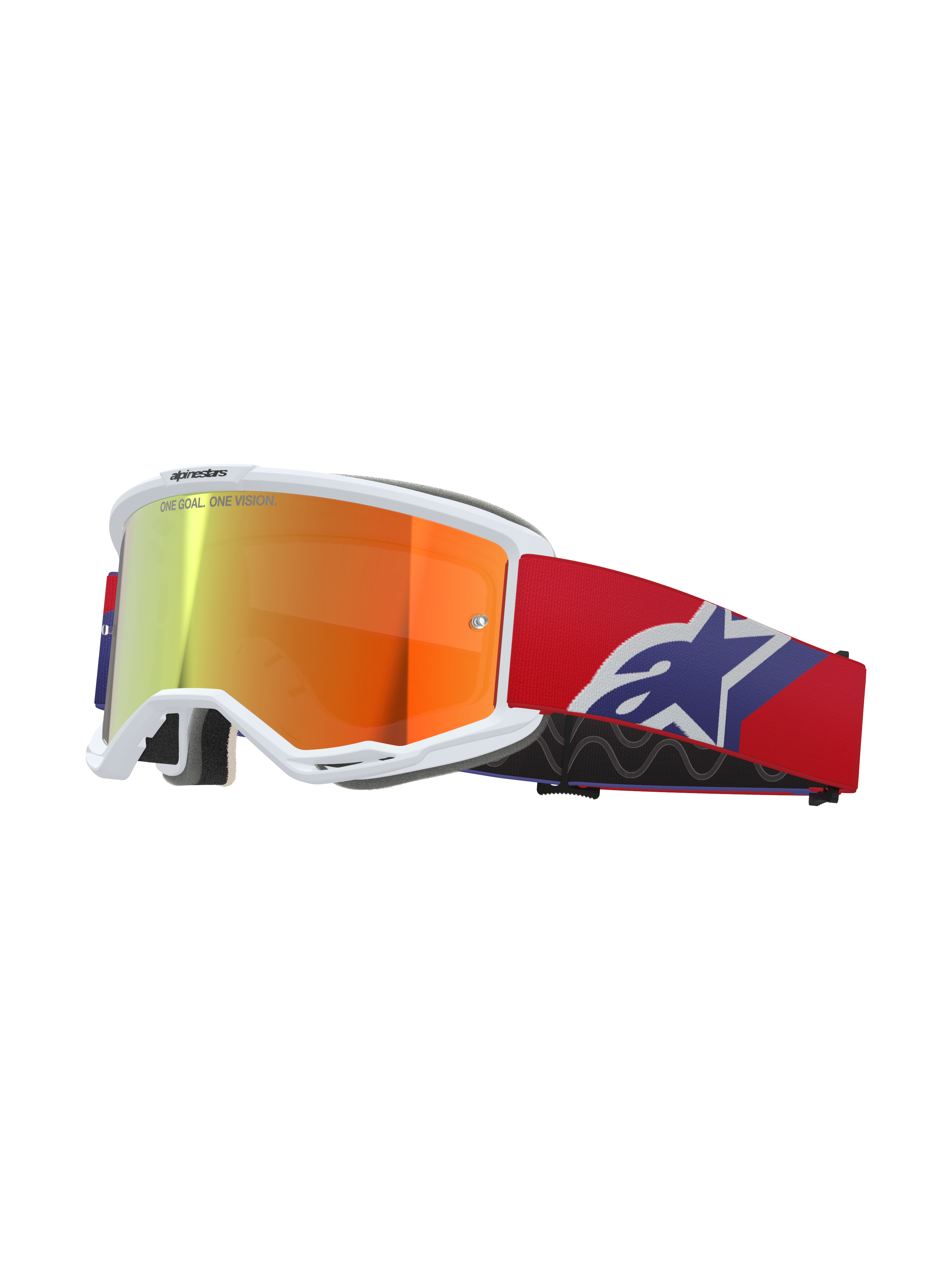 Alpinestars Vision 5 Corp Goggles, white frame with reflective orange and purple mirror lens, "ONE GOAL. ONE VISION." branding, red strap with blue and white star logo, motocross racing eyewear