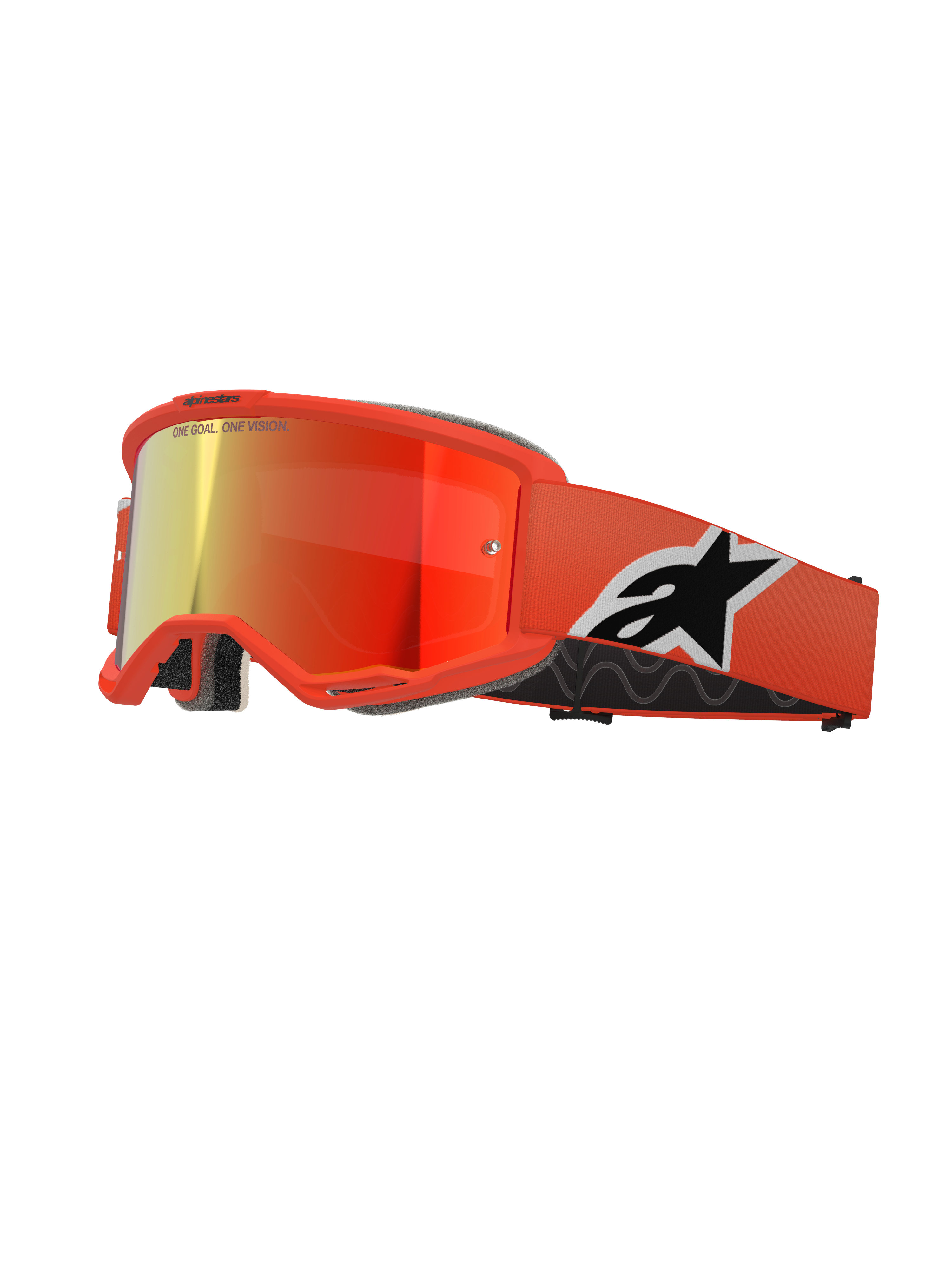 Alpinestars Vision 5 Corp Goggles, Motocross MX Goggles, Orange frame with Red Mirror lens, featuring a wide orange strap with a bold black and white Astar logo, 'ONE GOAL. ONE VISION.' lens branding, and thick black comfort foam.