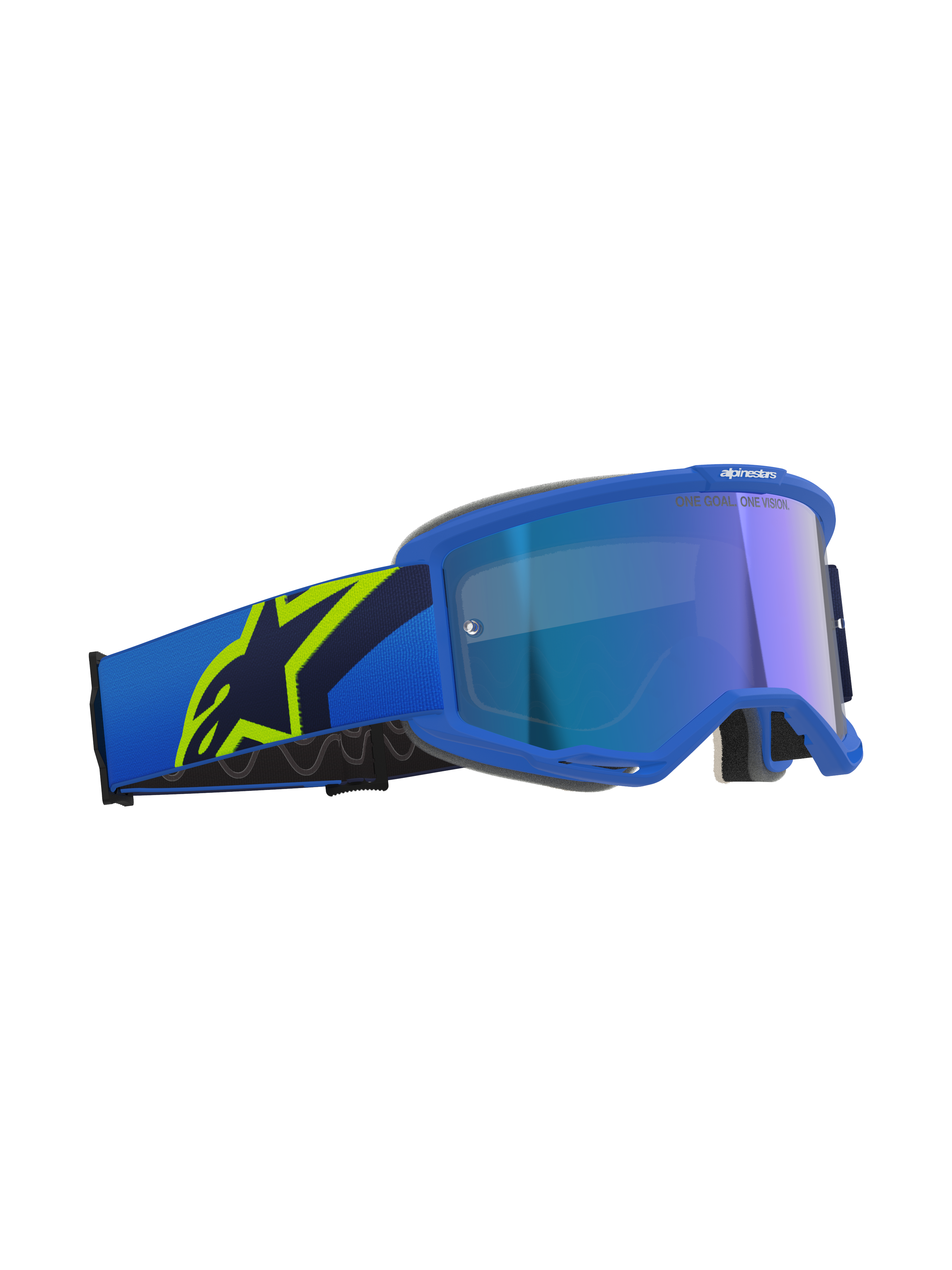 Alpinestars Vision 5 Corp Goggles, Motocross Goggles, Blue and Yellow Fluo with Mirror Blue lens, blue strap featuring a large yellow fluo star logo, 'ONE GOAL. ONE VISION.' text on lens, professional off-road eye protection
