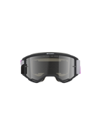 Gogle Alpinestars Vision 5 Corp, gogle motocrossowe, jasnoszara ramka z fioletowo-srebrną lustrzaną soczewką, widok z przodu z napisem „ONE GOAL. ONE VISION.”, regulowany szaro-fioletowy tkany pasek, wysokowydajna ochrona oczu do jazdy w terenie