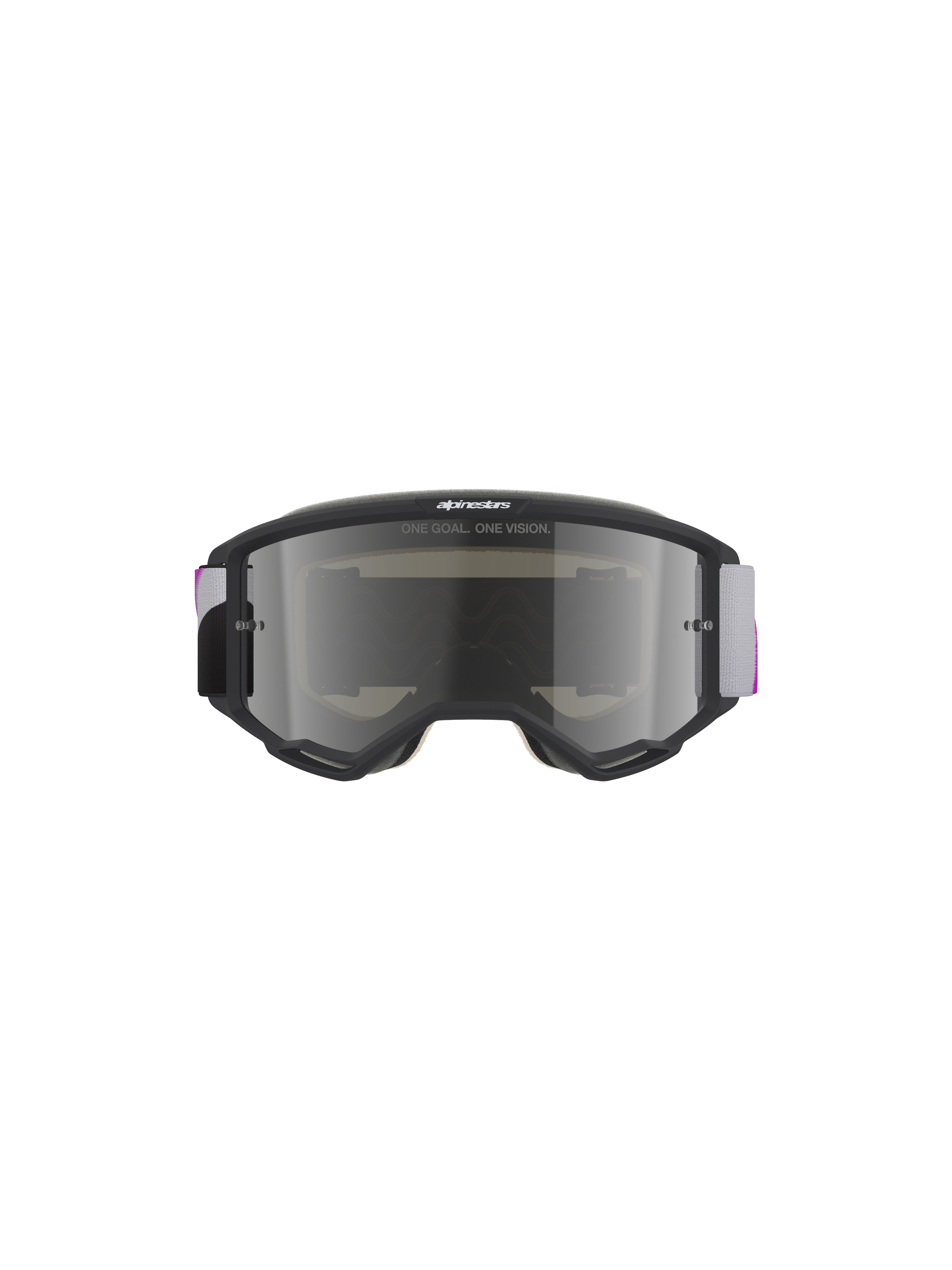 Gogle Alpinestars Vision 5 Corp, gogle motocrossowe, jasnoszara ramka z fioletowo-srebrną lustrzaną soczewką, widok z przodu z napisem „ONE GOAL. ONE VISION.”, regulowany szaro-fioletowy tkany pasek, wysokowydajna ochrona oczu do jazdy w terenie