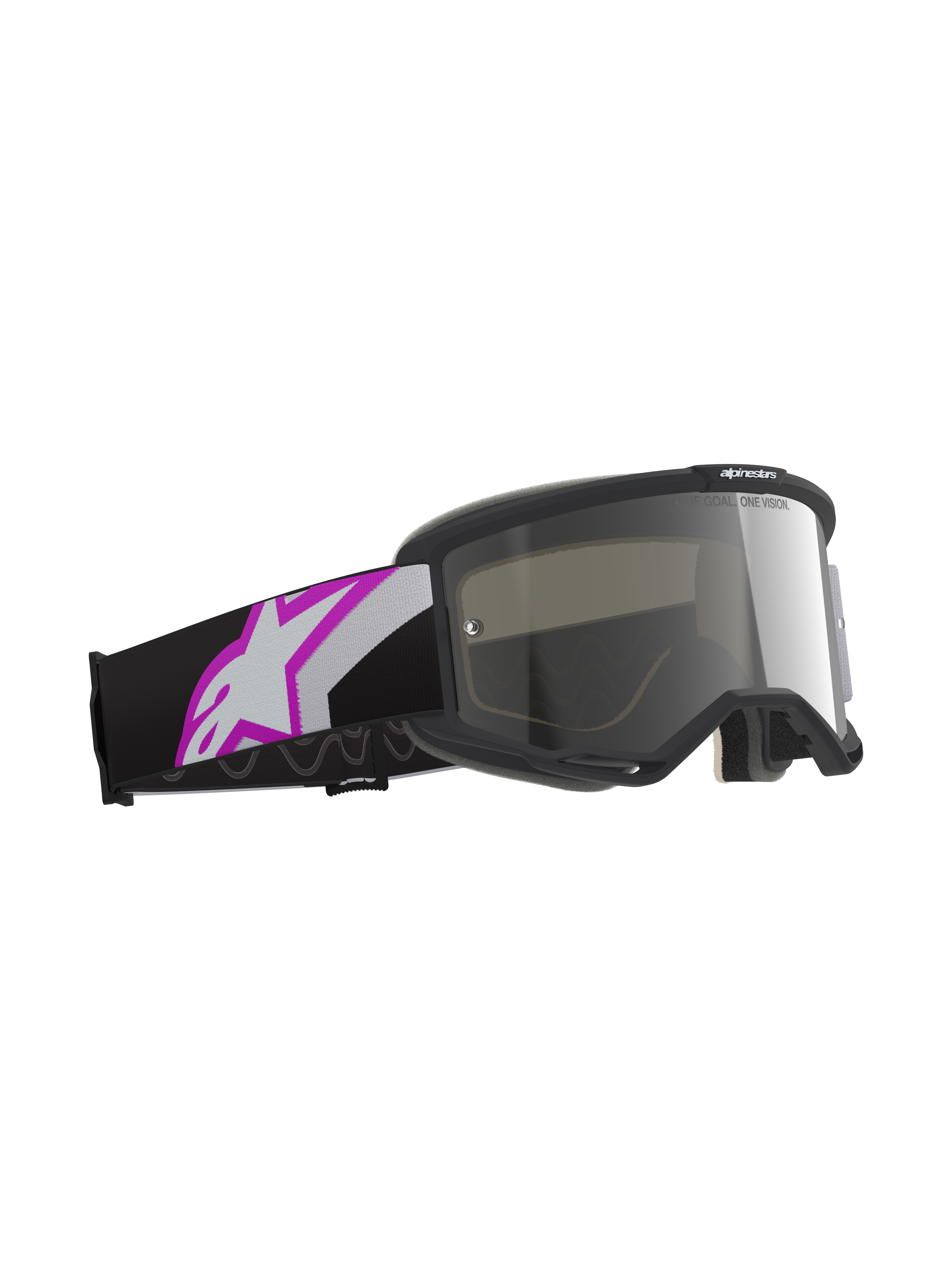 Gogle Alpinestars Vision 5 Corp, jasnoszara oprawka z lustrzaną soczewką Purple Mirror Silver, gogle motocrossowe z czarnym paskiem i dużym biało-fioletowym logo Astars, profesjonalny sprzęt off-road.