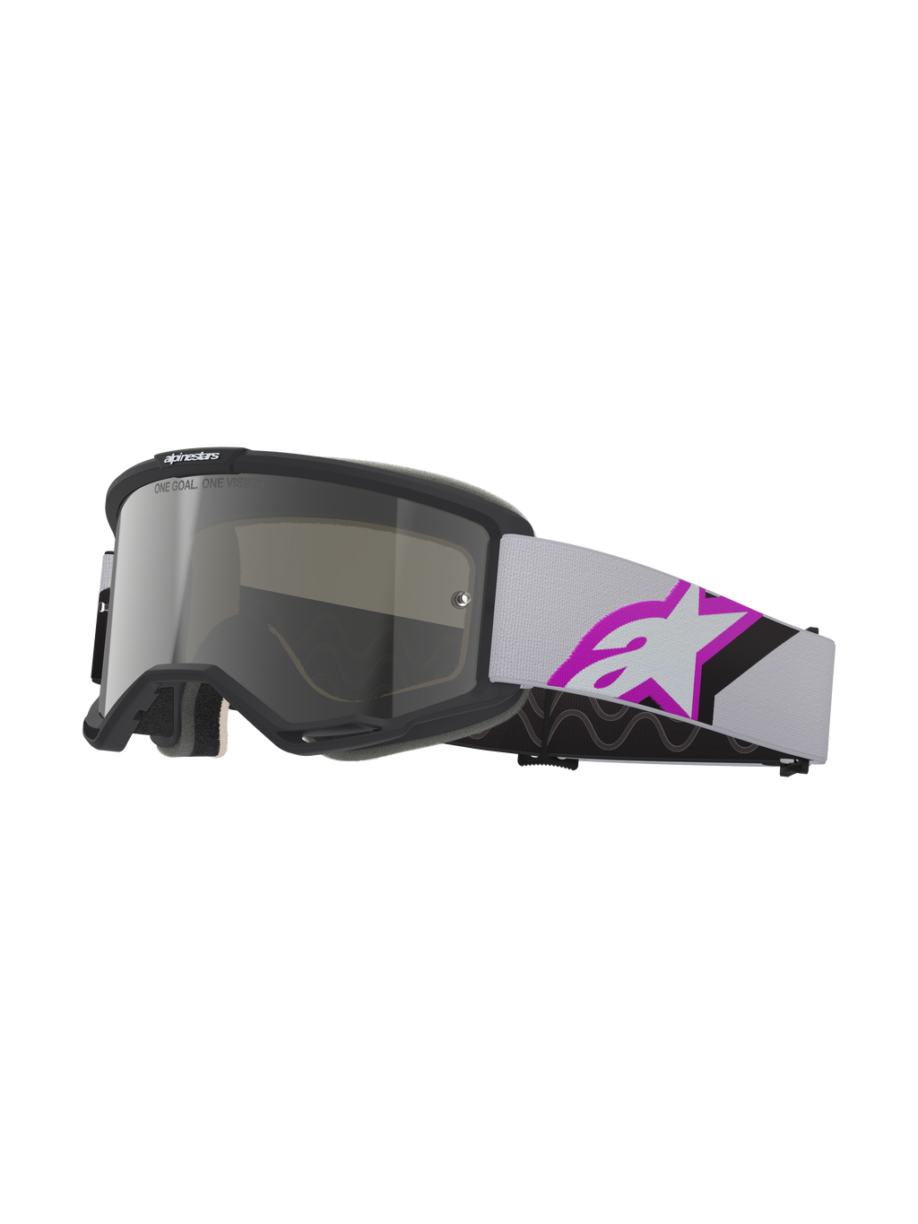 Alpinestars Vision 5 Corp Goggles, gogle motocrossowe, jasnoszare i fioletowe Mirror Silver, czarna ramka ze srebrną lustrzaną szybką, jasnoszary tkany pasek z dużym fioletowo-czarnym logo gwiazdy, wielowarstwowa pianka dla idealnego dopasowania, profesjonalne ochronne gogle terenowe
