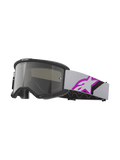 Alpinestars Vision 5 Corp Goggles, gogle motocrossowe, jasnoszare i fioletowe Mirror Silver, czarna ramka ze srebrną lustrzaną szybką, jasnoszary tkany pasek z dużym fioletowo-czarnym logo gwiazdy, wielowarstwowa pianka dla idealnego dopasowania, profesjonalne ochronne gogle terenowe