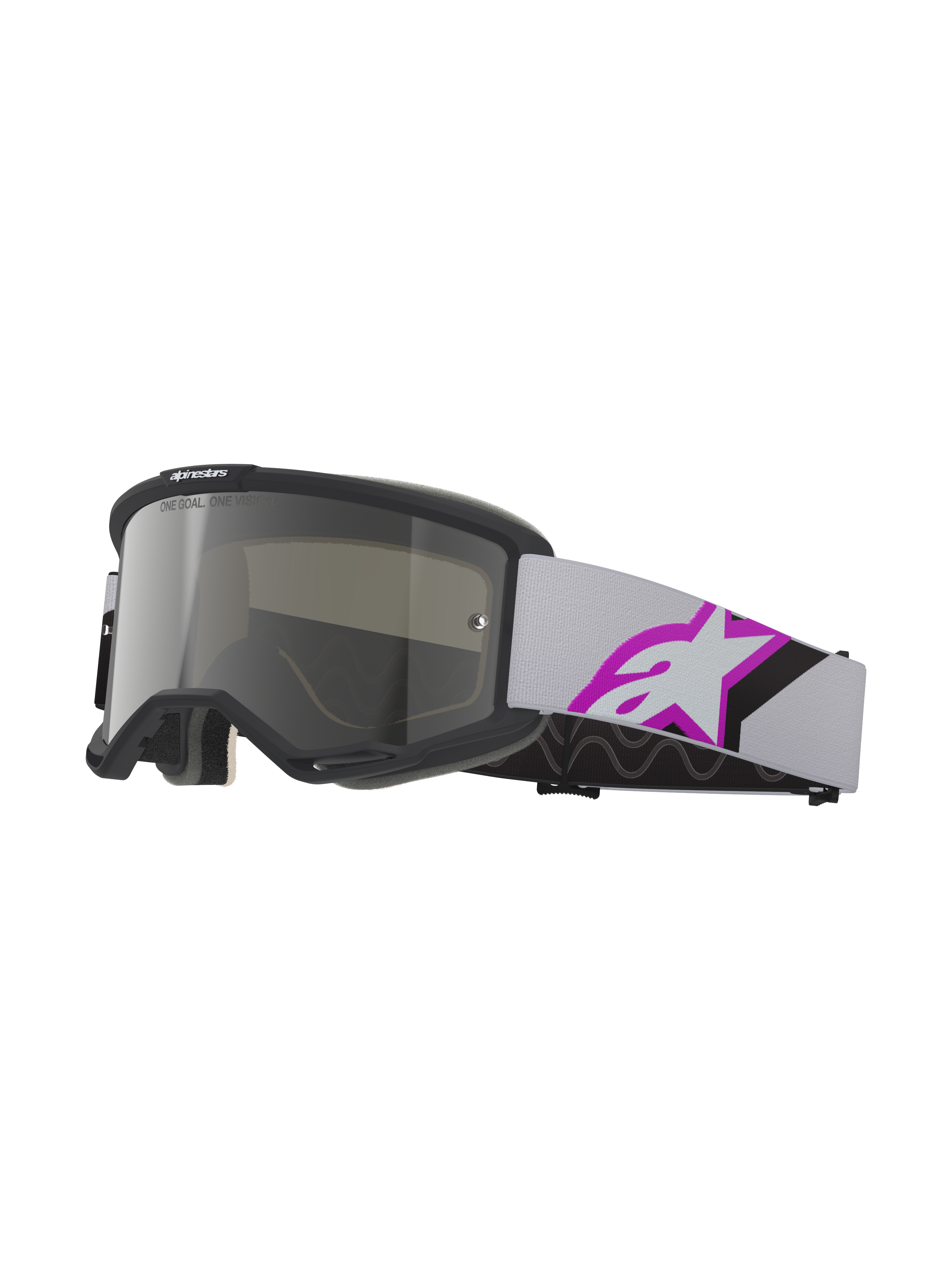 Alpinestars Vision 5 Corp Goggles, gogle motocrossowe, jasnoszare i fioletowe Mirror Silver, czarna ramka ze srebrną lustrzaną szybką, jasnoszary tkany pasek z dużym fioletowo-czarnym logo gwiazdy, wielowarstwowa pianka dla idealnego dopasowania, profesjonalne ochronne gogle terenowe