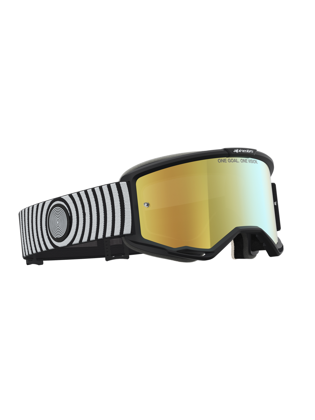 Alpinestars gogle Vision 5 Hone, czarno-białe gogle motocrossowe, złota lustrzana soczewka, elastyczna rama A-FLEX.