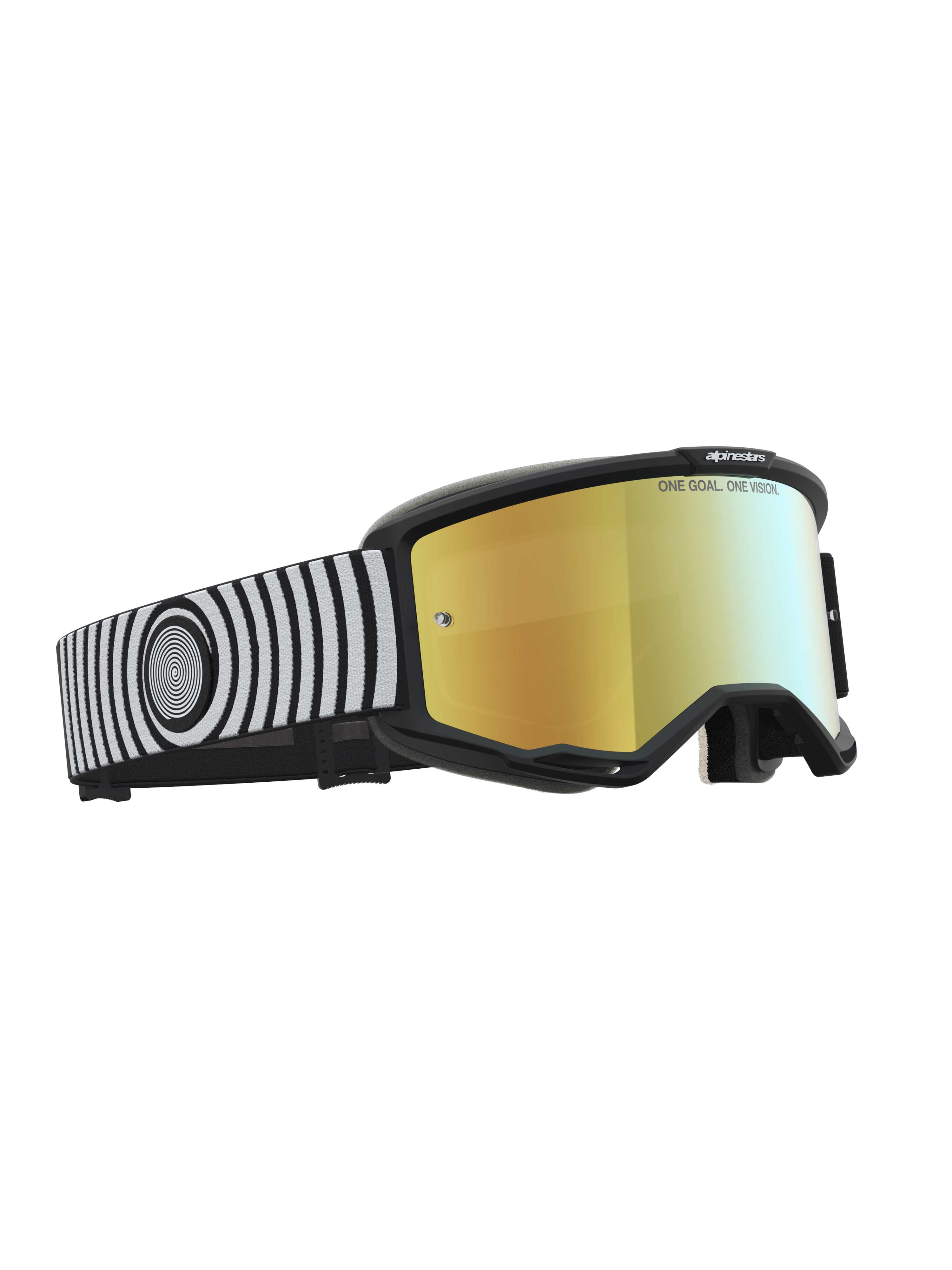 Alpinestars gogle Vision 5 Hone, czarno-białe gogle motocrossowe, złota lustrzana soczewka, elastyczna rama A-FLEX.