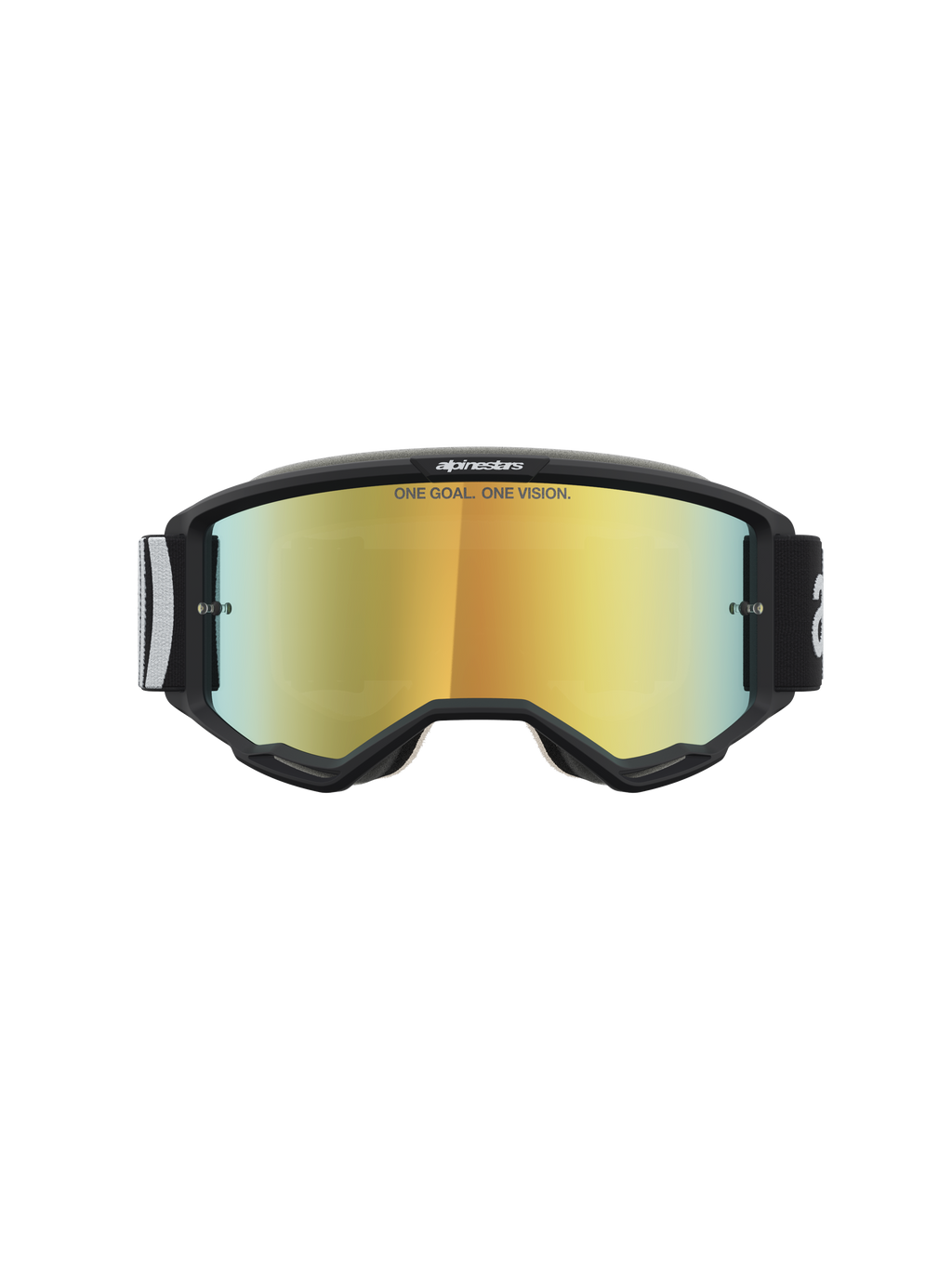 Alpinestars Vision 5 Hone, gogle motocrossowe off-road, czarne ze złotą lustrzaną soczewką i napisem ONE GOAL. ONE VISION., zintegrowany system wentylacji RAM-AIR oraz elastyczna ramka A-FLEX.