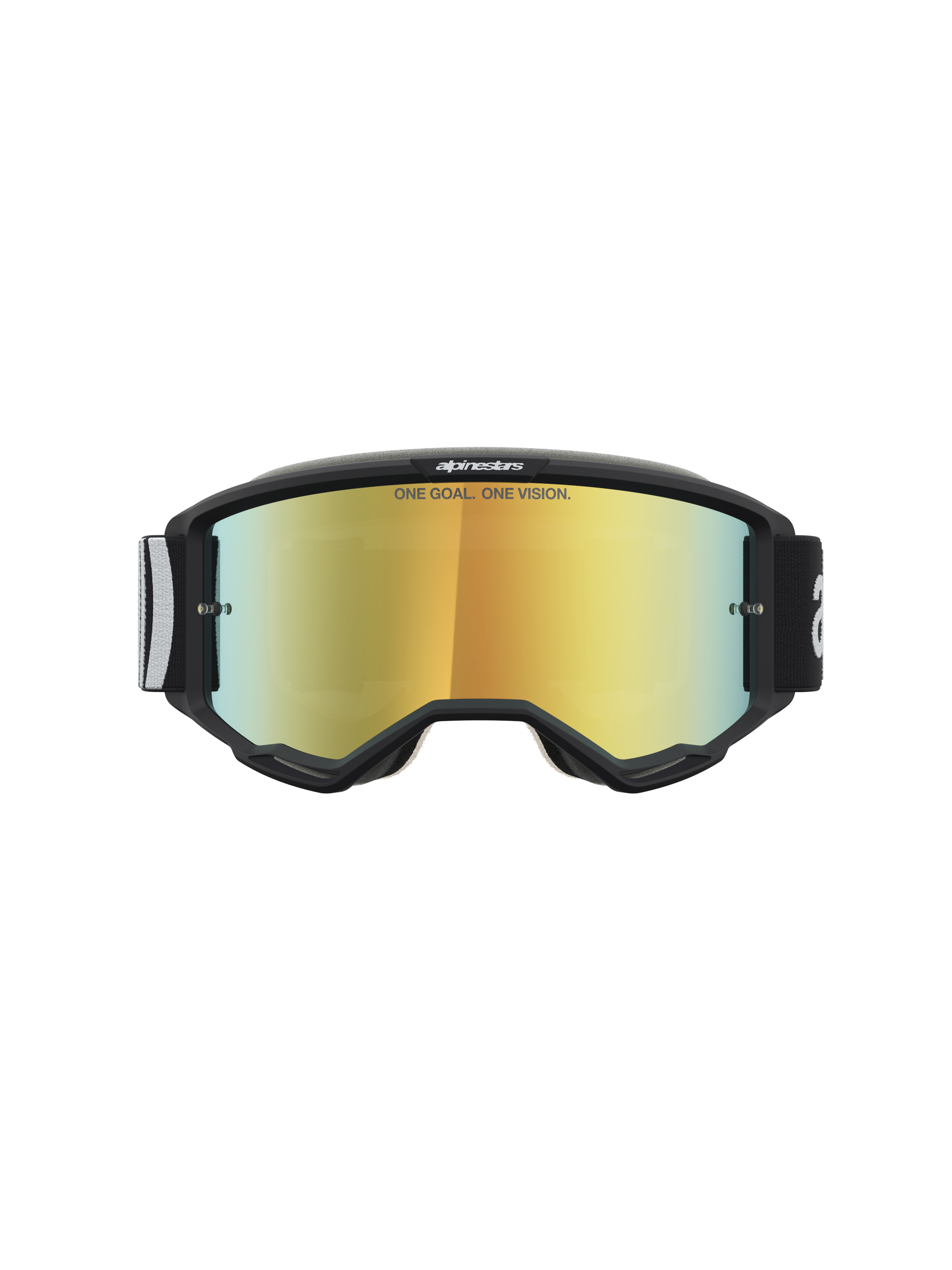 Alpinestars Vision 5 Hone, gogle motocrossowe off-road, czarne ze złotą lustrzaną soczewką i napisem ONE GOAL. ONE VISION., zintegrowany system wentylacji RAM-AIR oraz elastyczna ramka A-FLEX.