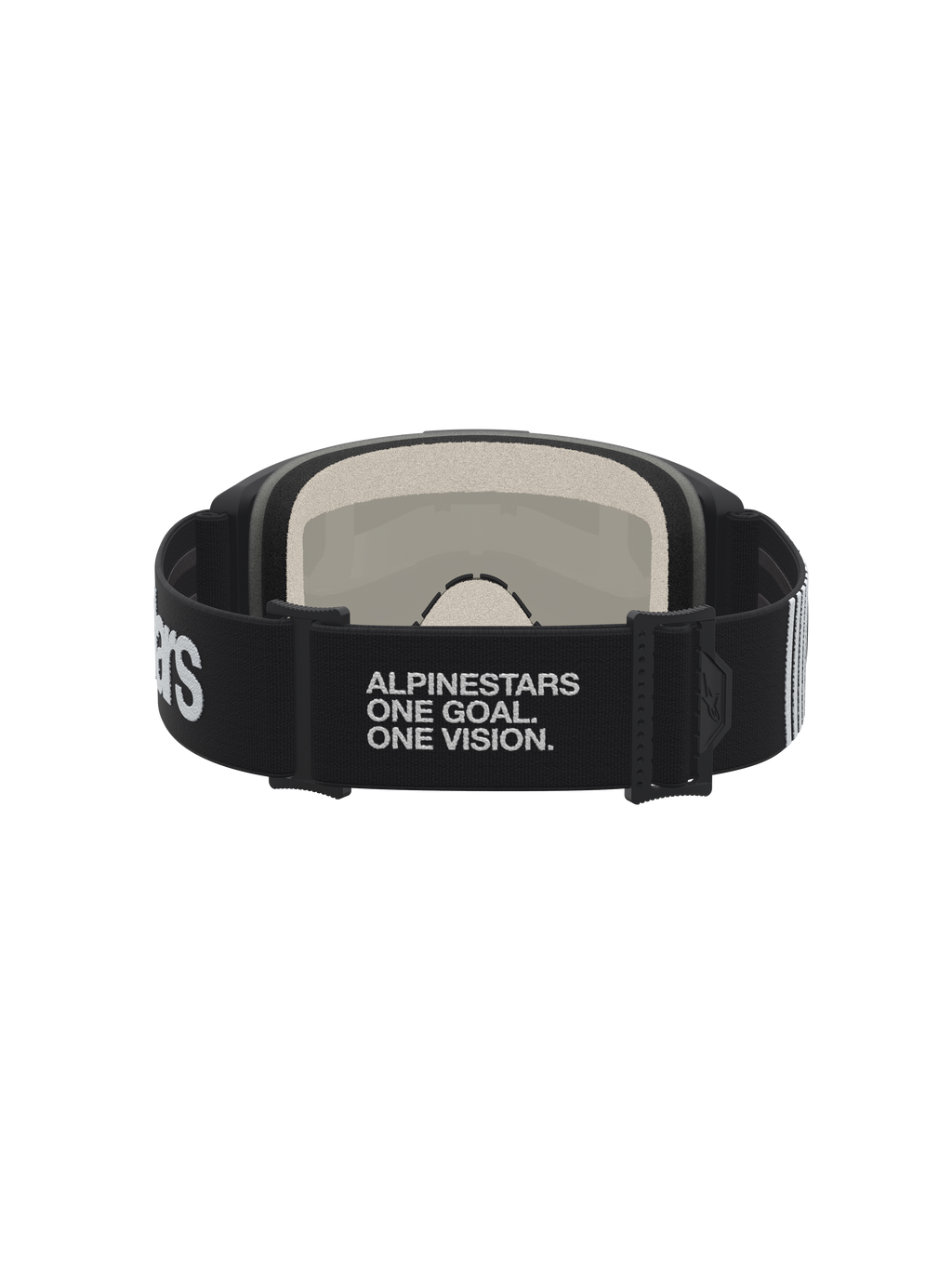Alpinestars Vision 5 Hone, gogle motocrossowe, czarne i białe, widok od tyłu na elastyczny pasek z napisem One Goal One Vision i miękką piankę wielowarstwową.