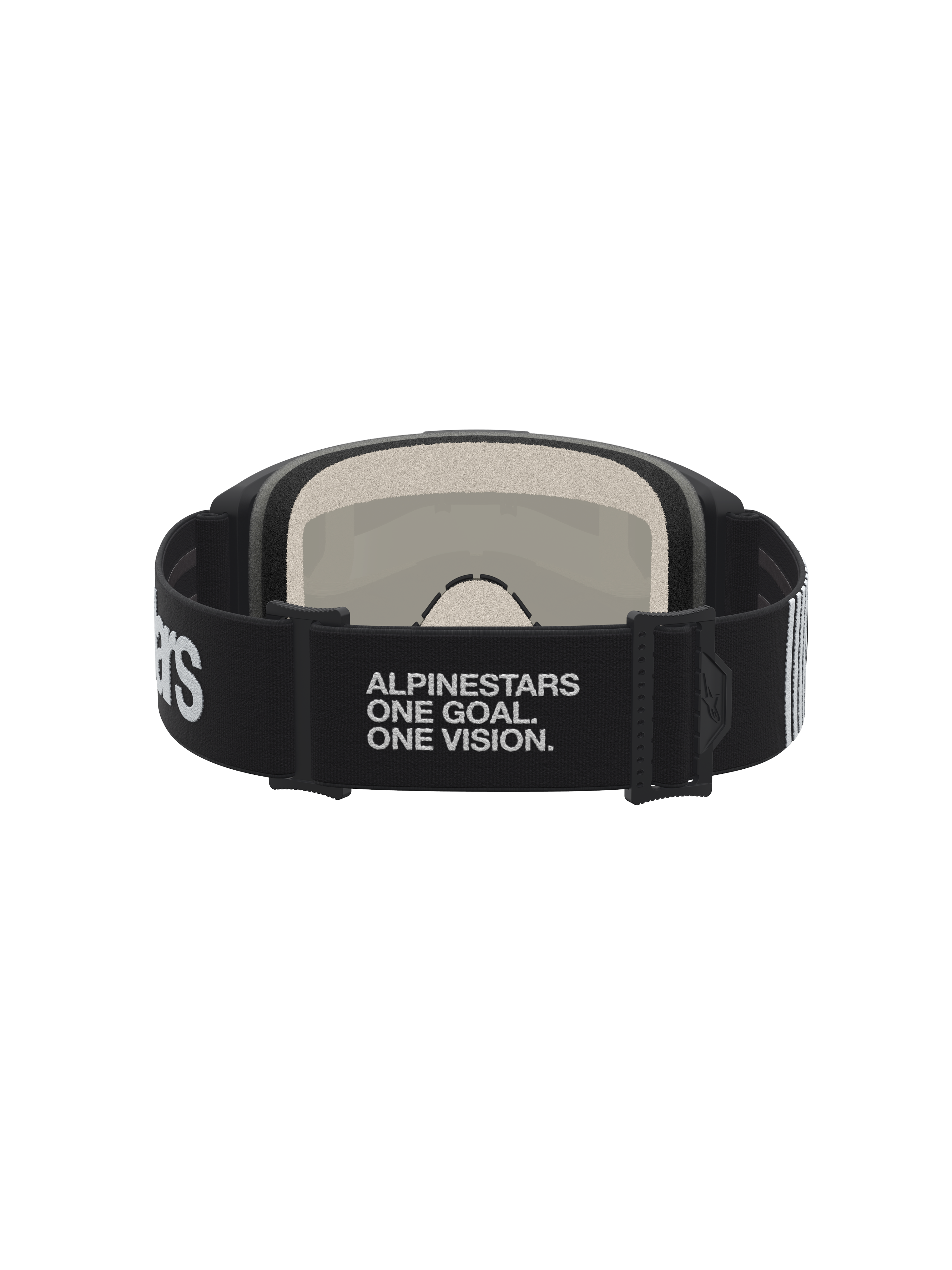 Alpinestars Vision 5 Hone, gogle motocrossowe, czarne i białe, widok od tyłu na elastyczny pasek z napisem One Goal One Vision i miękką piankę wielowarstwową.