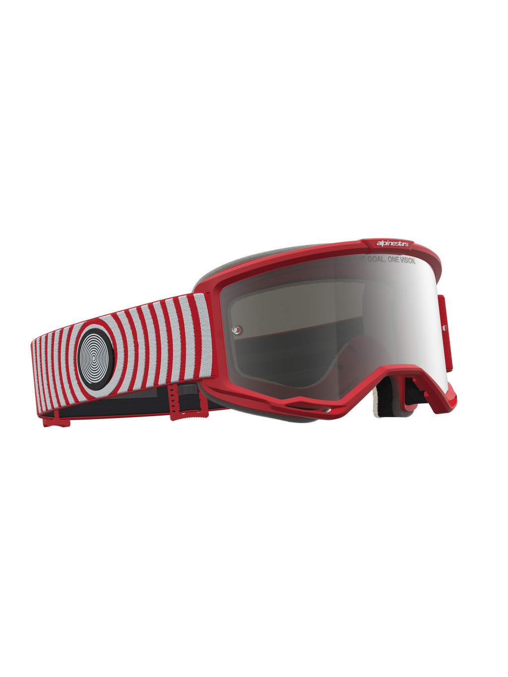 Alpinestars Vision 5 Hone, gogle motocrossowe, czerwone i białe, srebrna lustrzana soczewka, elastyczna ramka A-FLEX, profesjonalna ochrona off-road.