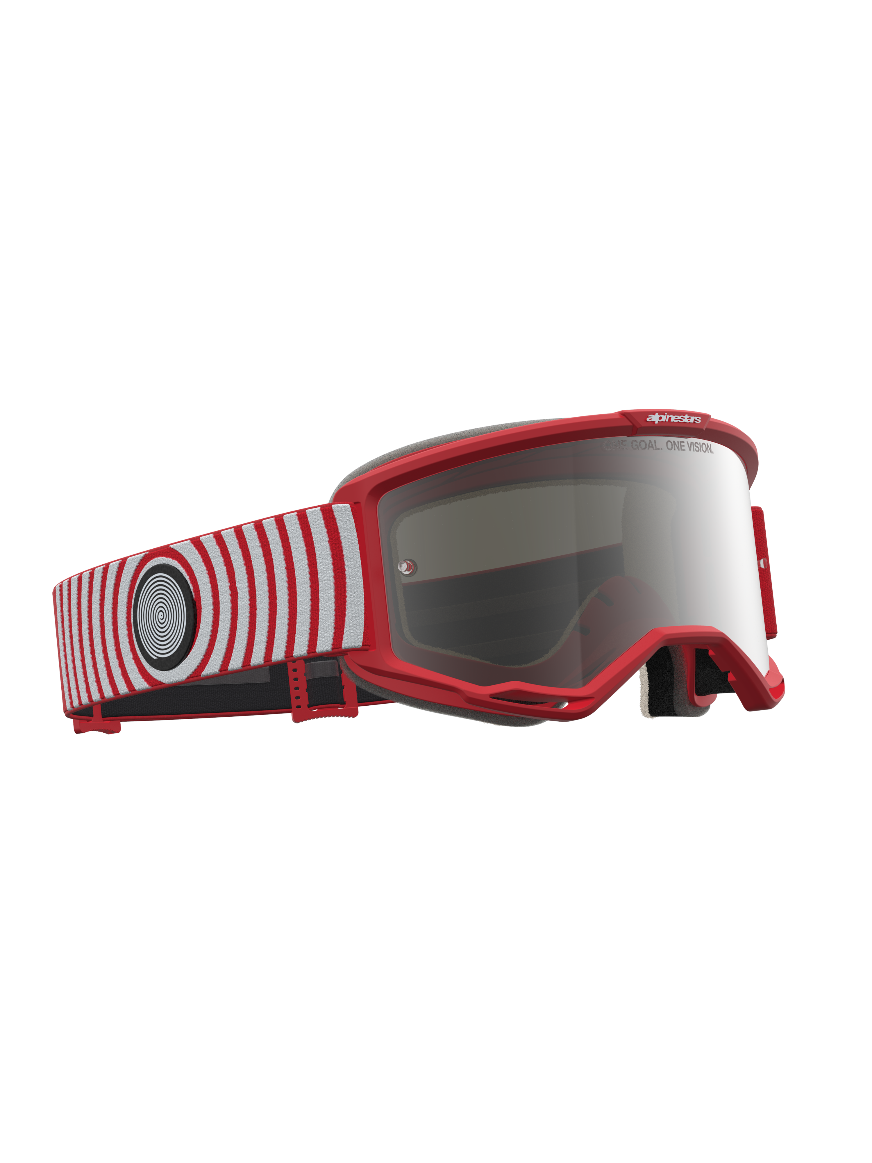Alpinestars Vision 5 Hone, gogle motocrossowe, czerwone i białe, srebrna lustrzana soczewka, elastyczna ramka A-FLEX, profesjonalna ochrona off-road.