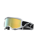 Alpinestars Vision 5 Rora Motocross Goggles feature a white frame, reflective mirror gold lens, and black logo strap.