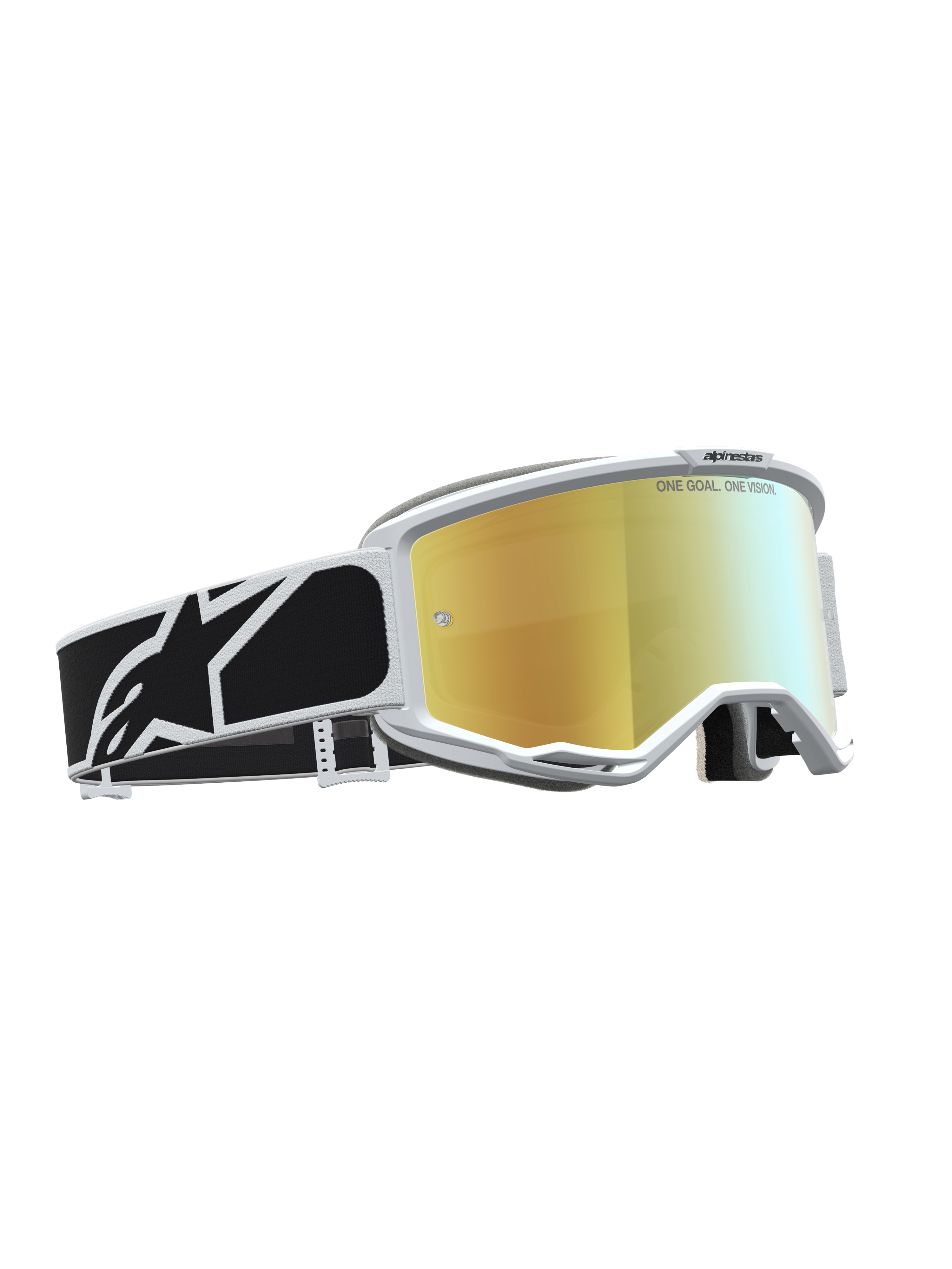 Alpinestars Vision 5 Rora Goggles, Motocross goggles with mirror gold lens, white frame, and black graphic strap.