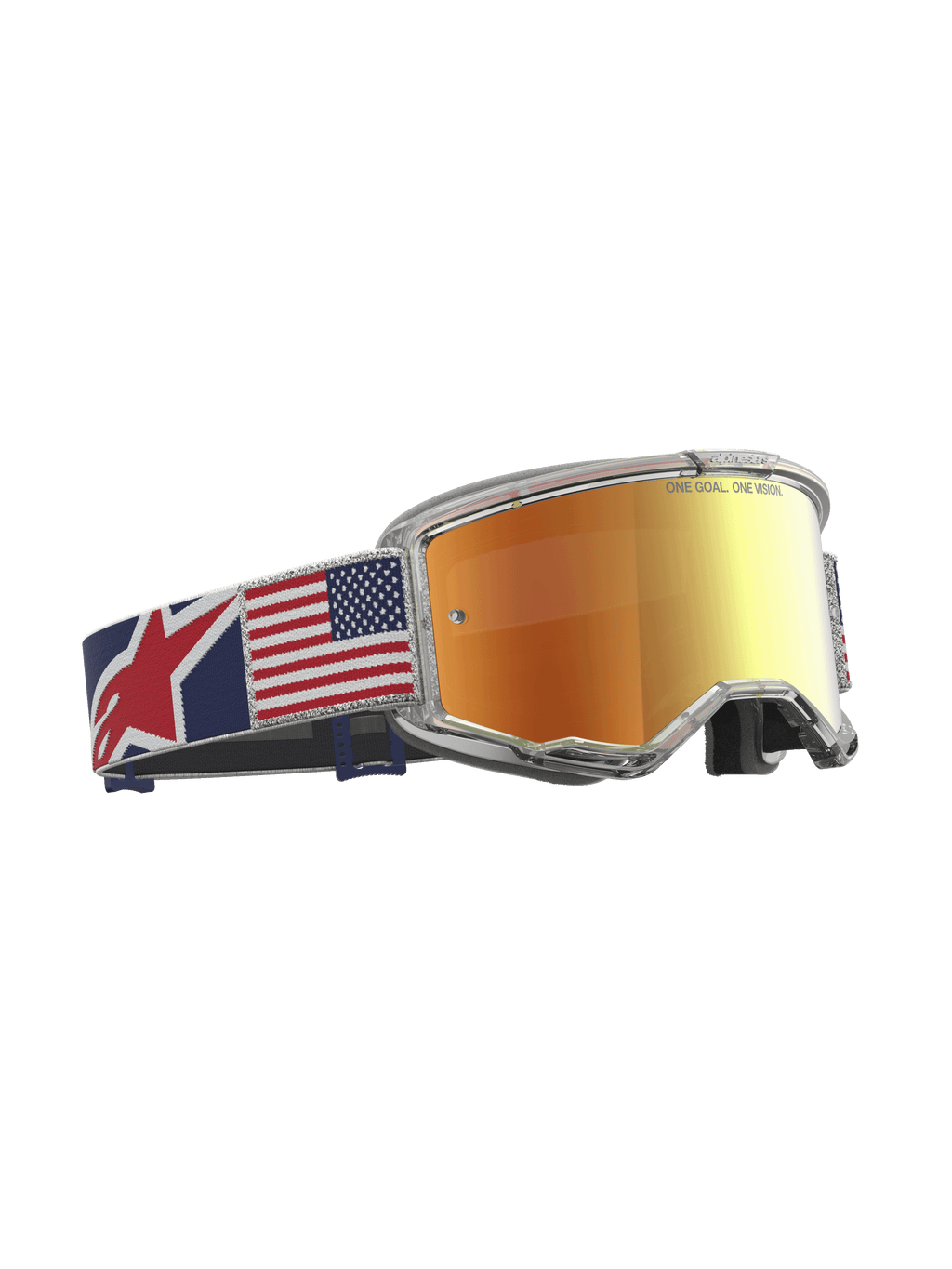 Alpinestars Vision 5 Le Fiftyfold Goggle, gogle motocrossowe z czerwoną lustrzaną soczewką i przezroczystą oprawką, pasek z motywem flagi USA, limitowana edycja do wyścigów off-road.