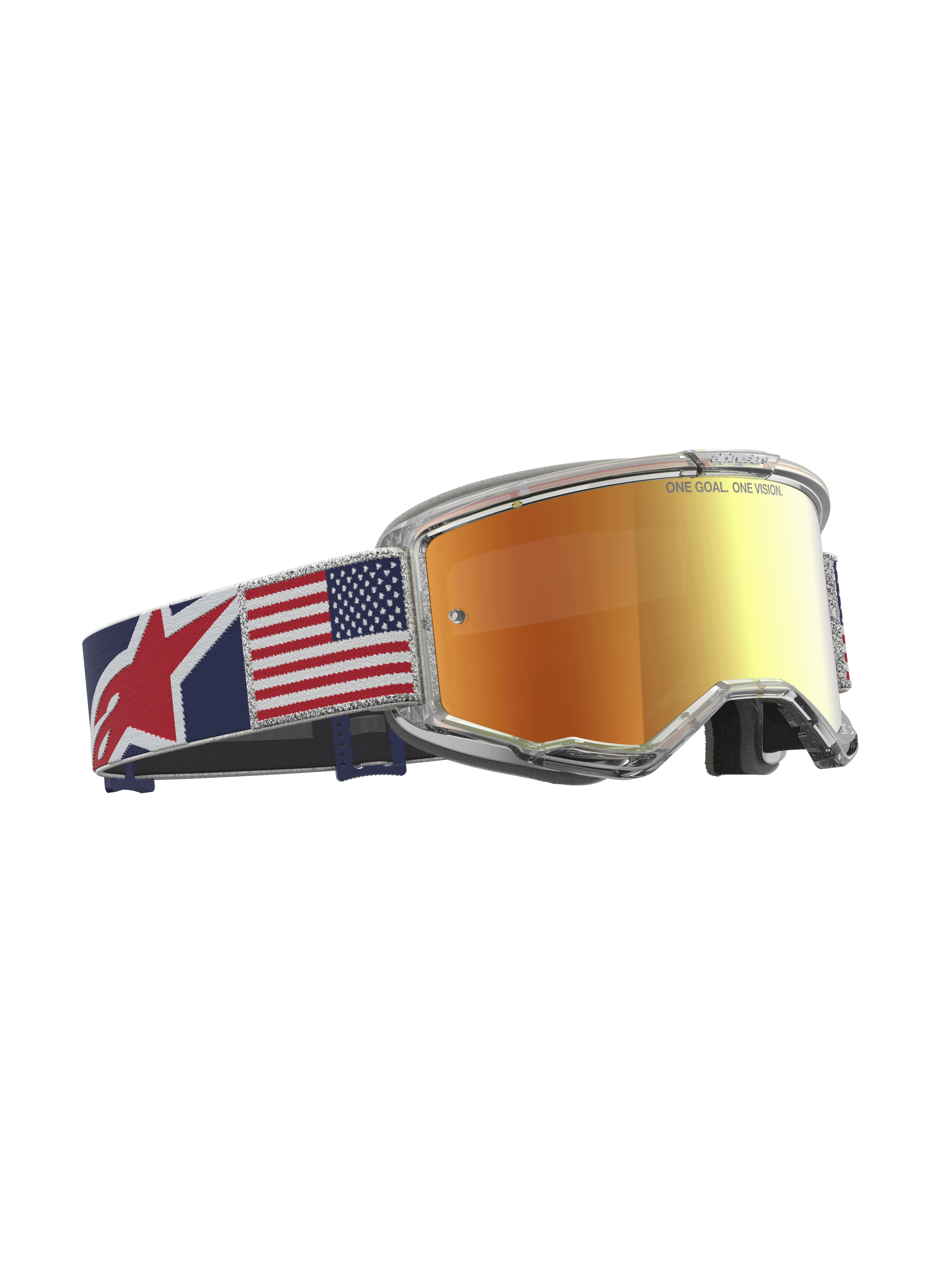 Alpinestars Vision 5 Le Fiftyfold Goggle, gogle motocrossowe z czerwoną lustrzaną soczewką i przezroczystą oprawką, pasek z motywem flagi USA, limitowana edycja do wyścigów off-road.