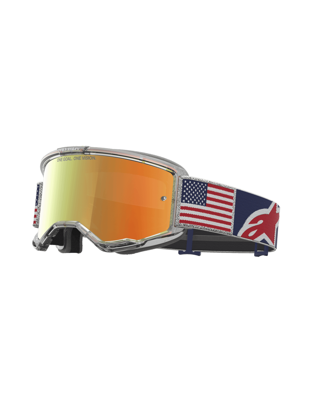 Gogle Alpinestars Vision 5 Le Fiftyfold, czerwone lustrzane soczewki, pasek z flagą USA, oprawka A-FLEX i wentylacja RAM-AIR.