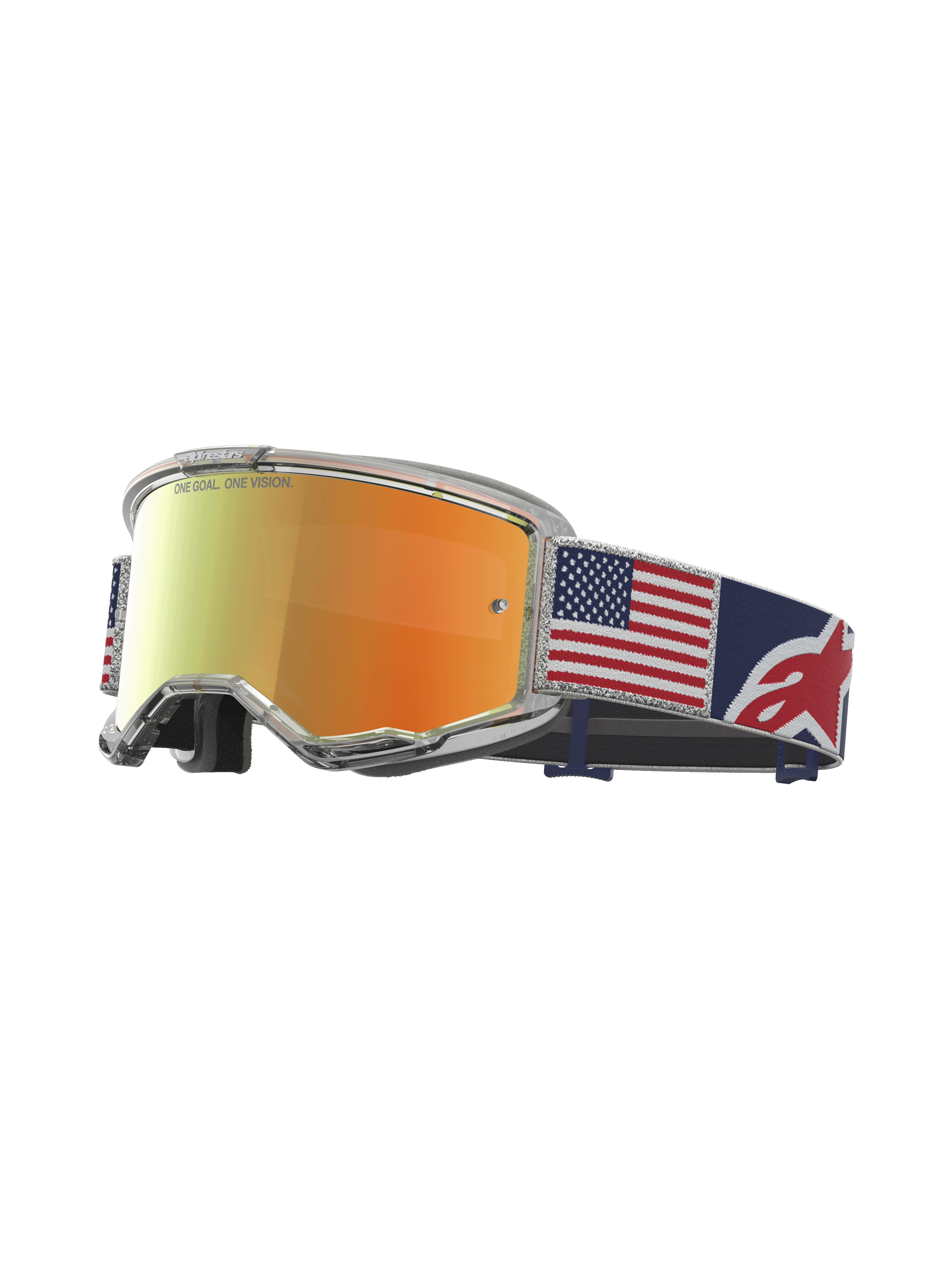 Gogle Alpinestars Vision 5 Le Fiftyfold, czerwone lustrzane soczewki, pasek z flagą USA, oprawka A-FLEX i wentylacja RAM-AIR.