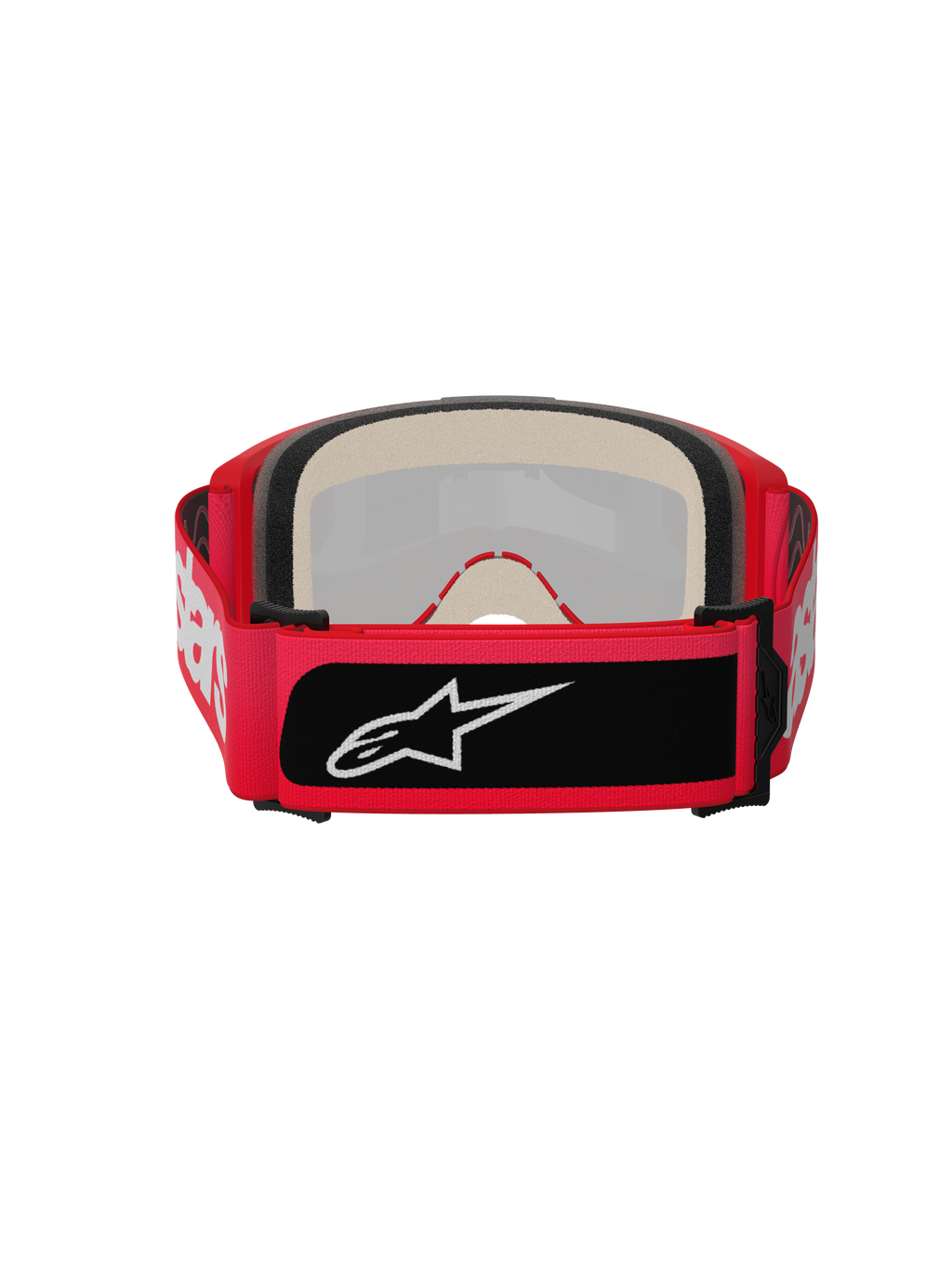 Gogle Alpinestars Vision 5 Blaze, gogle motocrossowe, czerwone, widok z tyłu z grubą wielowarstwową pianką i szerokim regulowanym paskiem z białym napisem Alpinestars oraz czarną naszywką z logo