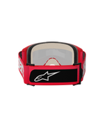 Gogle Alpinestars Vision 5 Blaze, gogle motocrossowe, czerwone, widok z tyłu z grubą wielowarstwową pianką i szerokim regulowanym paskiem z białym napisem Alpinestars oraz czarną naszywką z logo