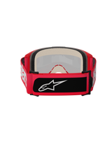 Gogle Alpinestars Vision 5 Blaze, gogle motocrossowe, czerwone, widok z tyłu z grubą wielowarstwową pianką i szerokim regulowanym paskiem z białym napisem Alpinestars oraz czarną naszywką z logo